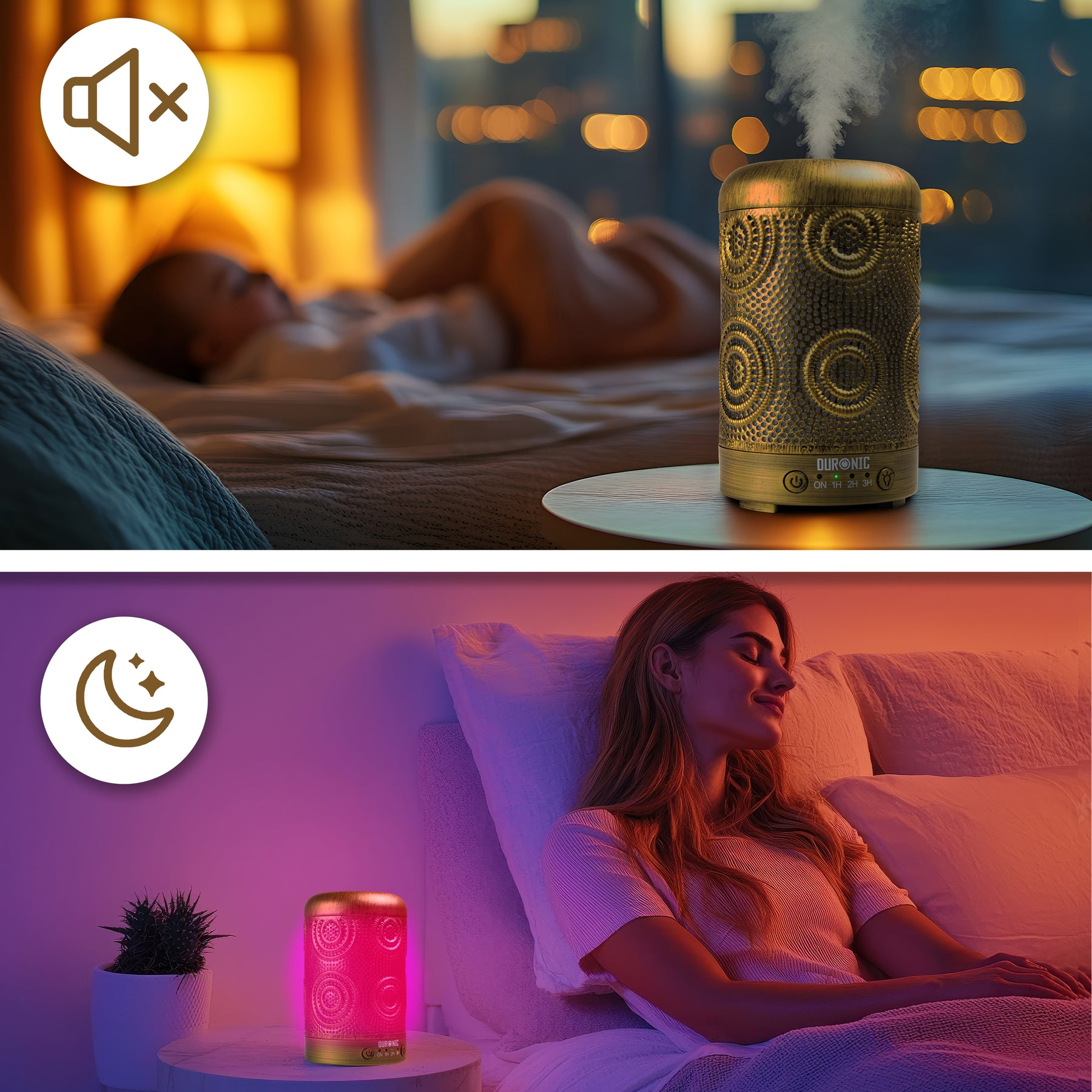 Ein goldener Diffusor mit einem schlafenden Baby und einer entspannenden Frau im Bett.