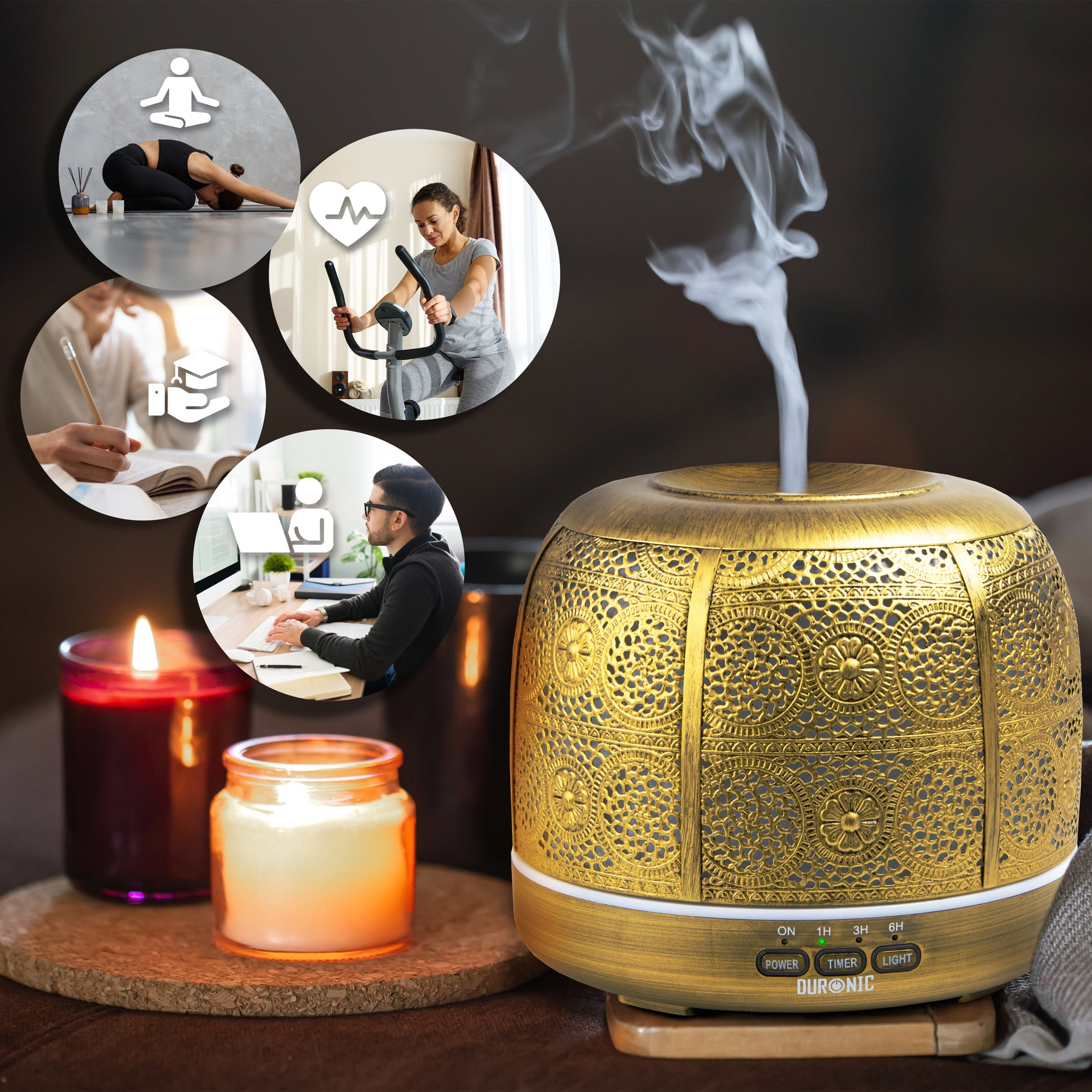 Goldener Diffusor mit Räucherwerk, Kerzen und Bildern von Yoga, Sport, Studium und Arbeit.