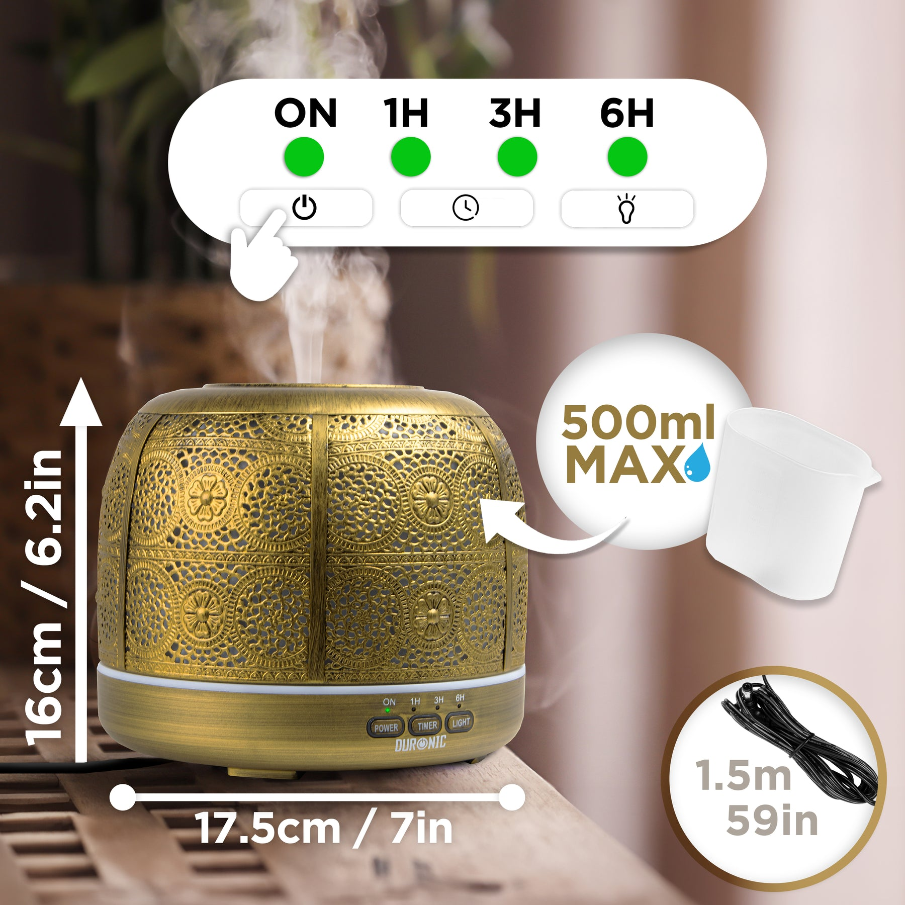 Goldener Aromadiffusor mit Steuertasten, Wassertank und Netzkabel.