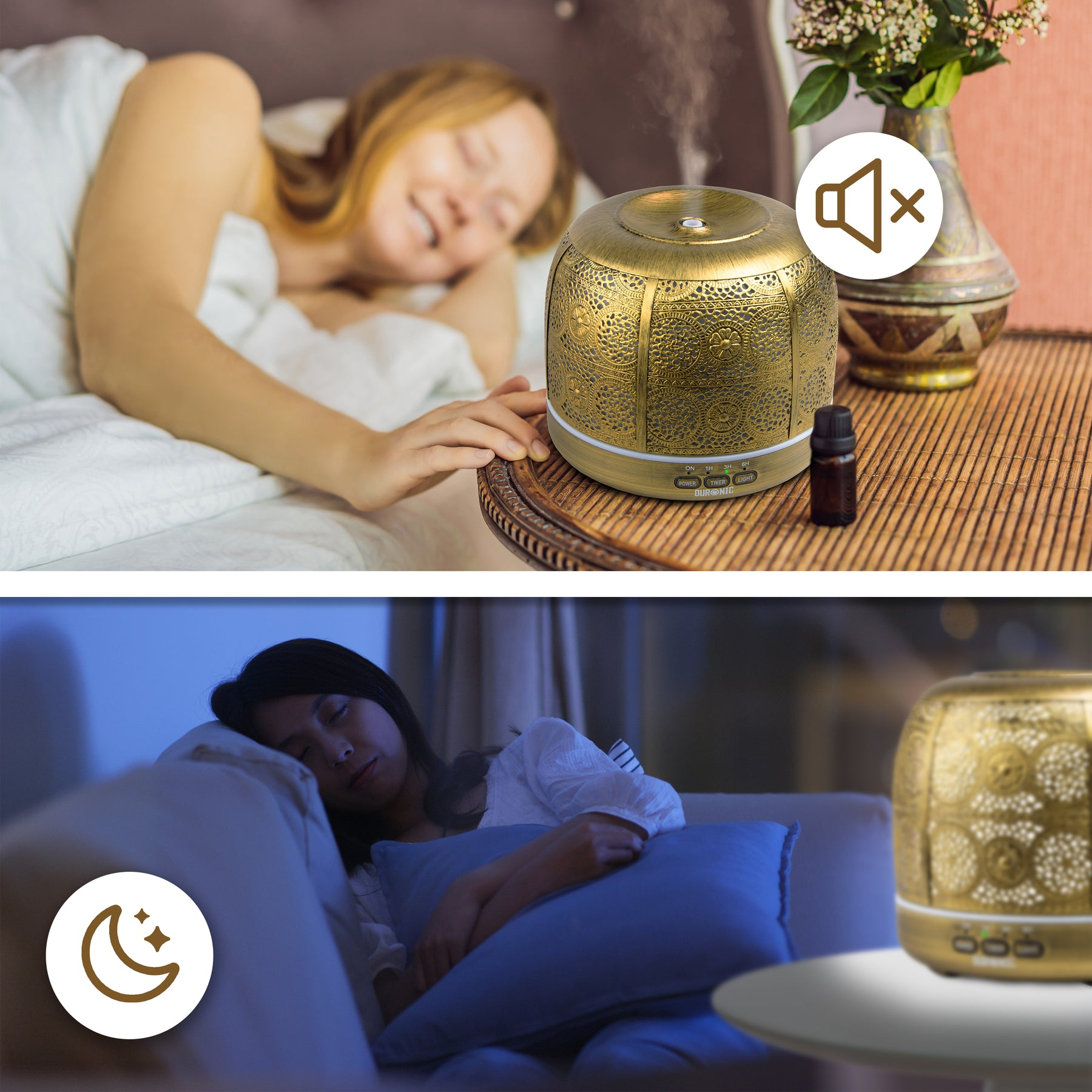 Zwei Bilder: Frau im Bett und Nachtszene mit Diffusor, goldfarben, und schlafender Person.