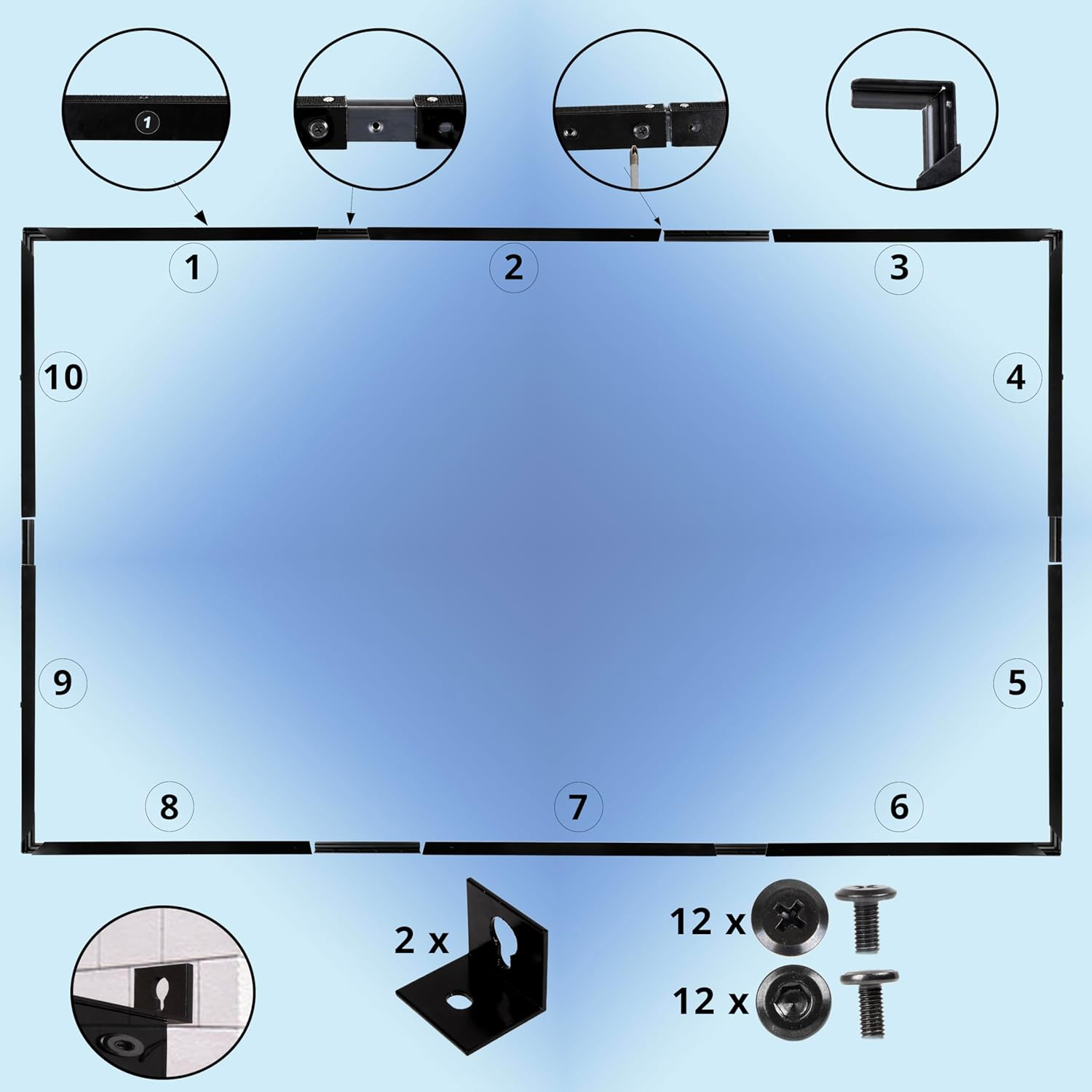 Diagramm eines Rahmens mit nummerierten Teilen, Schrauben und Halterungen. Blauer Hintergrund.