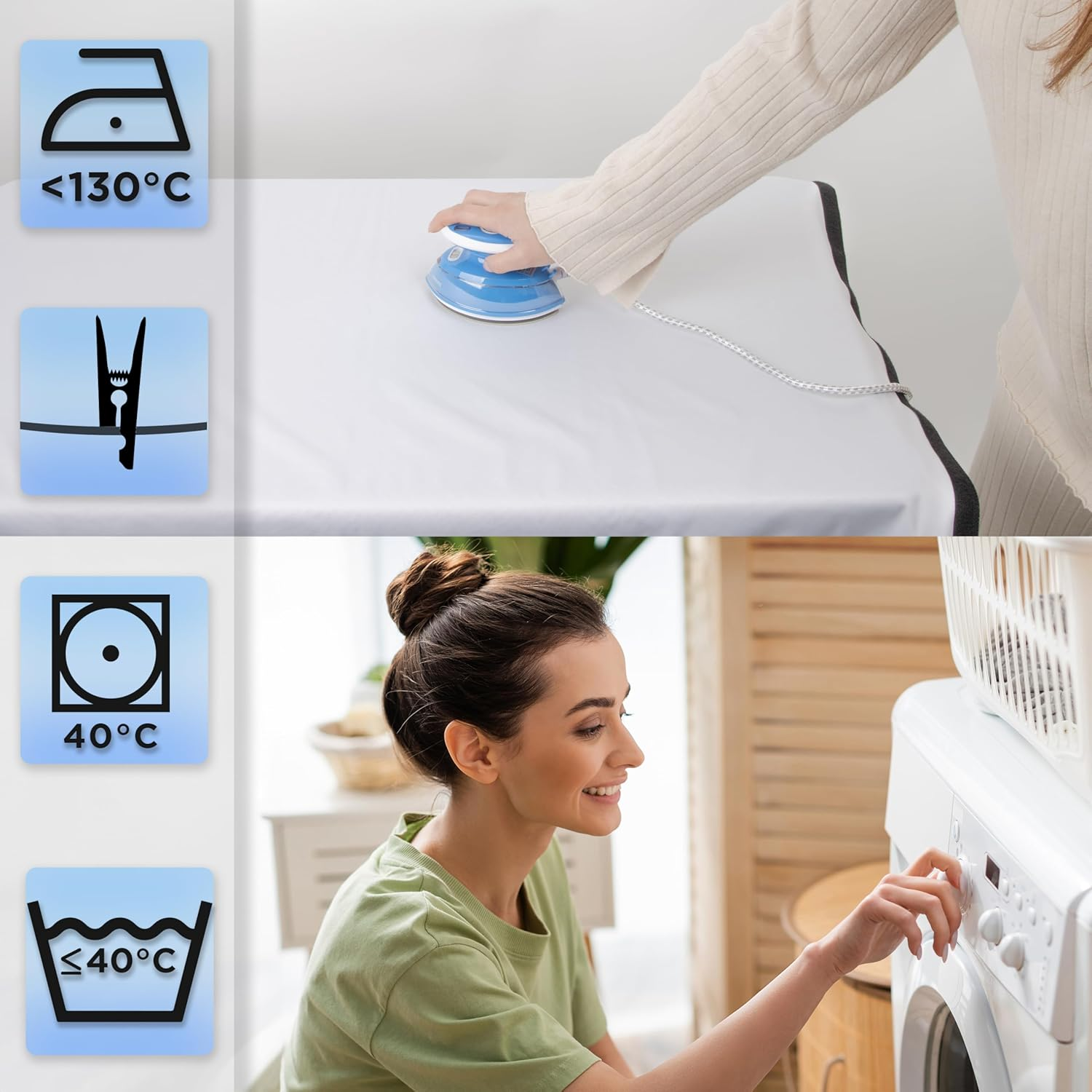 Frau bügelt Kleidung. Symbole für Temperatureinstellungen. Waschmaschine im Hintergrund.