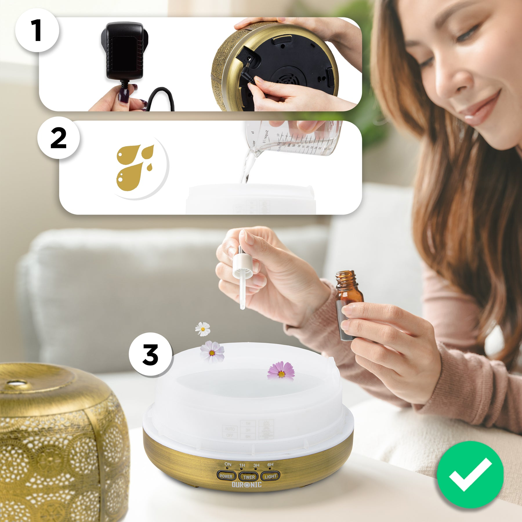 Aromadiffusor mit Wasser und Öl, Frau gibt Öl hinzu und ein Häkchen.