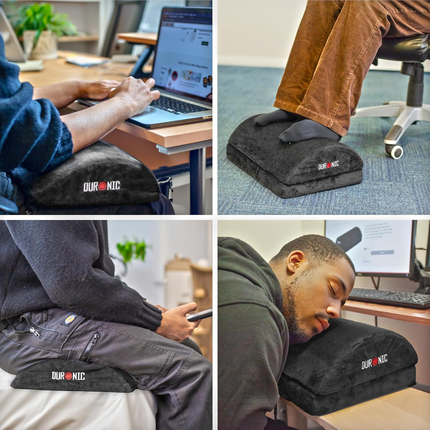 Vier Bilder eines schwarzen Fußstütze, die in verschiedenen Umgebungen verwendet wird: Büro, Zuhause und Entspannung.
