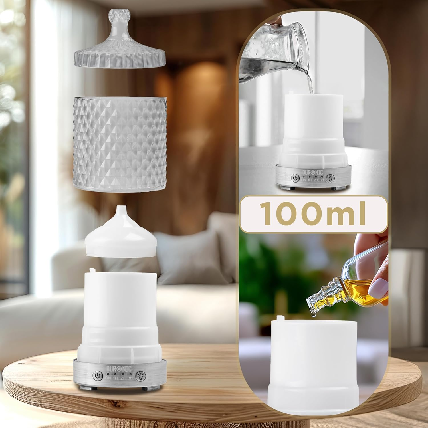 Diffusor mit Teilen und Zusammenbau. Zeigt auch das Eingießen von Wasser und Öl.