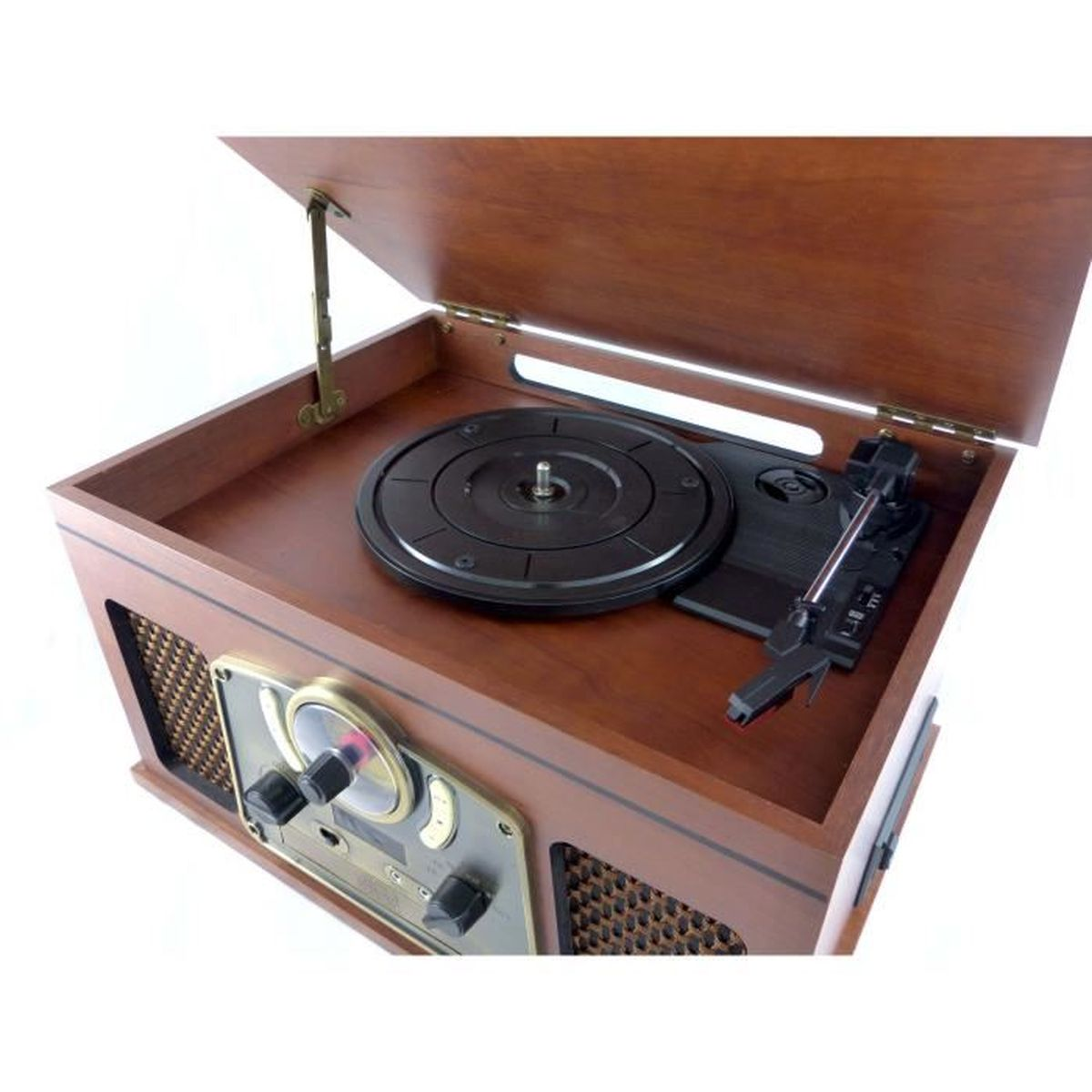 Giradischi in legno in stile vintage con coperchio aperto, vista dall'alto.