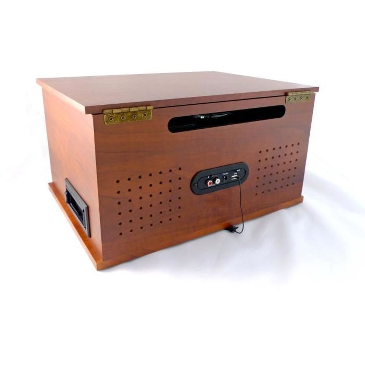 Un giradischi/radio in stile retrò in legno. Pannello posteriore visibile con porte e coperchio a cerniera.