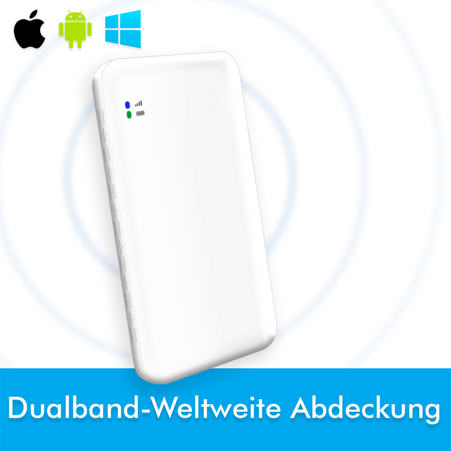 Ein weißer Router mit Apple-, Android- und Windows-Symbolen, mit blauem Signal.