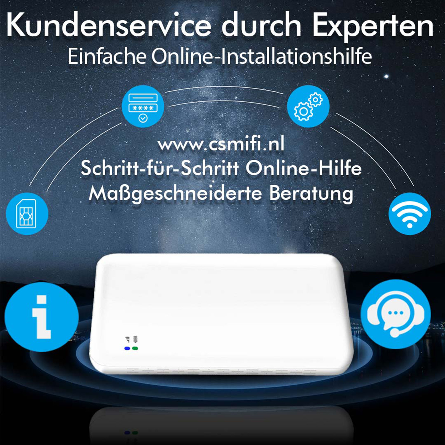 Ein weißer Router mit Text und Symbolen. Text: Kundenservice durch Experten. Website-Adresse.