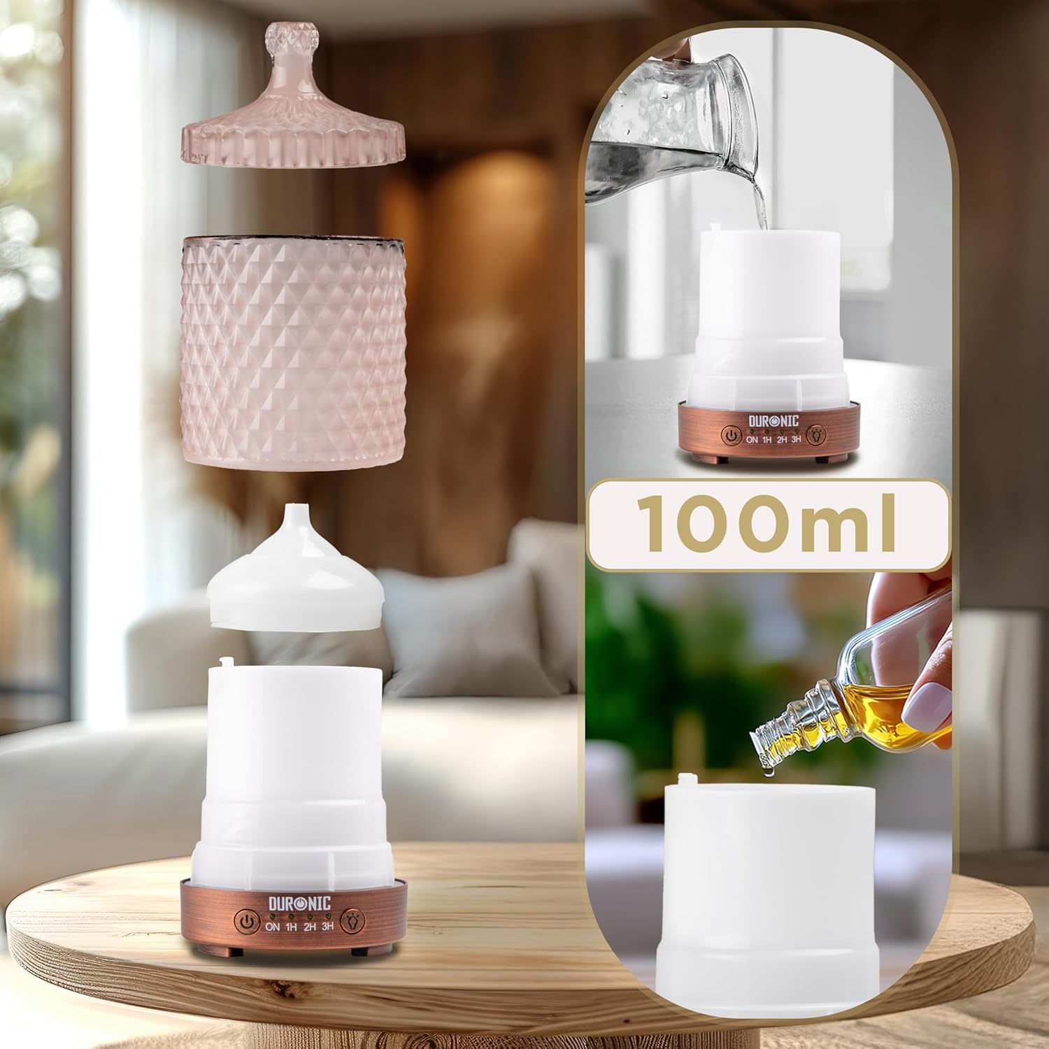 Eine Explosionsansicht eines Aromatherapie-Diffusors. Zu den Teilen gehören die Basis, der Wasserbehälter und der Deckel.