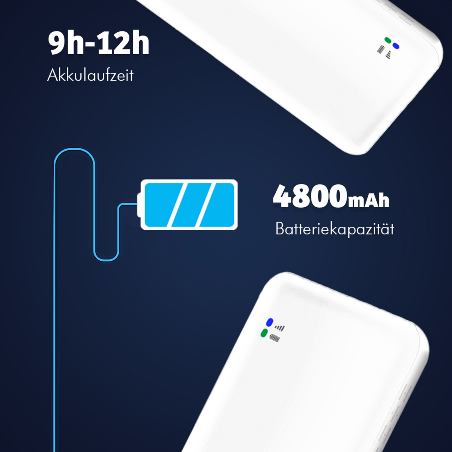 Zwei weiße Powerbanks mit Akkusymbol und Text auf dunklem Hintergrund.