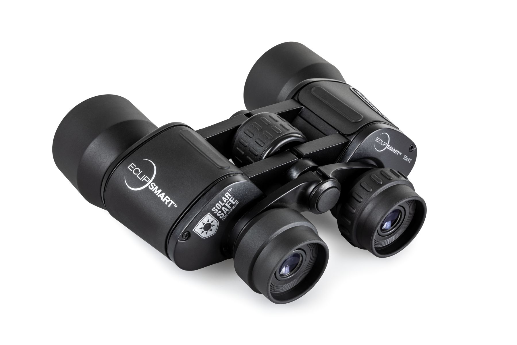 Schwarzes Fernglas auf weißem Hintergrund. Markenname ist ECLIPSMART. Nahaufnahme.