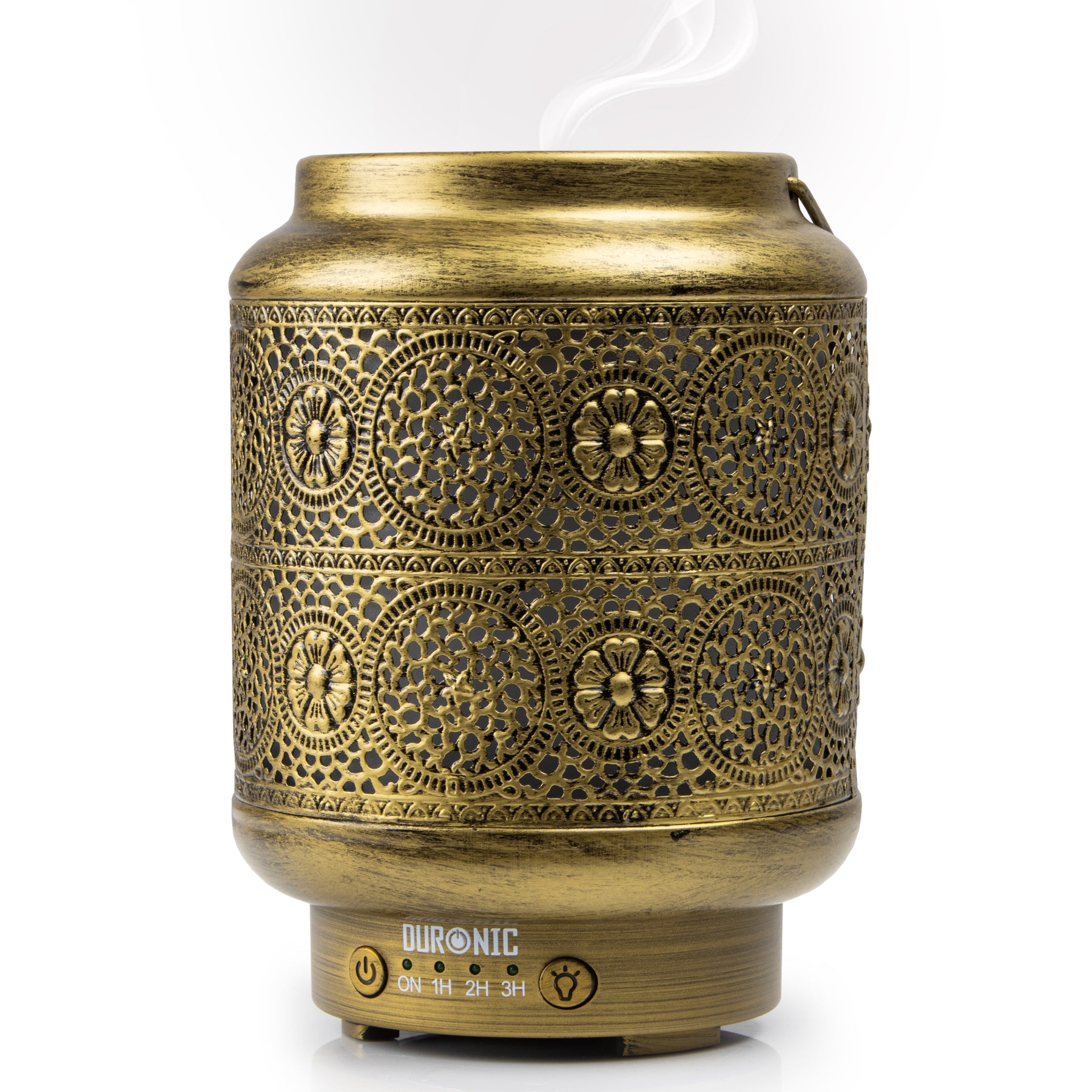 Goldener Aroma-Diffusor mit floralem Design und Nebel, der aus der Oberseite austritt.