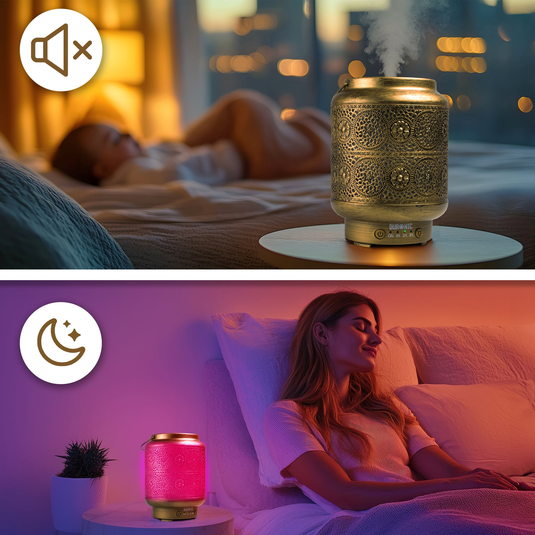 Ein goldener Diffusor mit einem schlafenden Baby und einer entspannenden Frau im Bett.