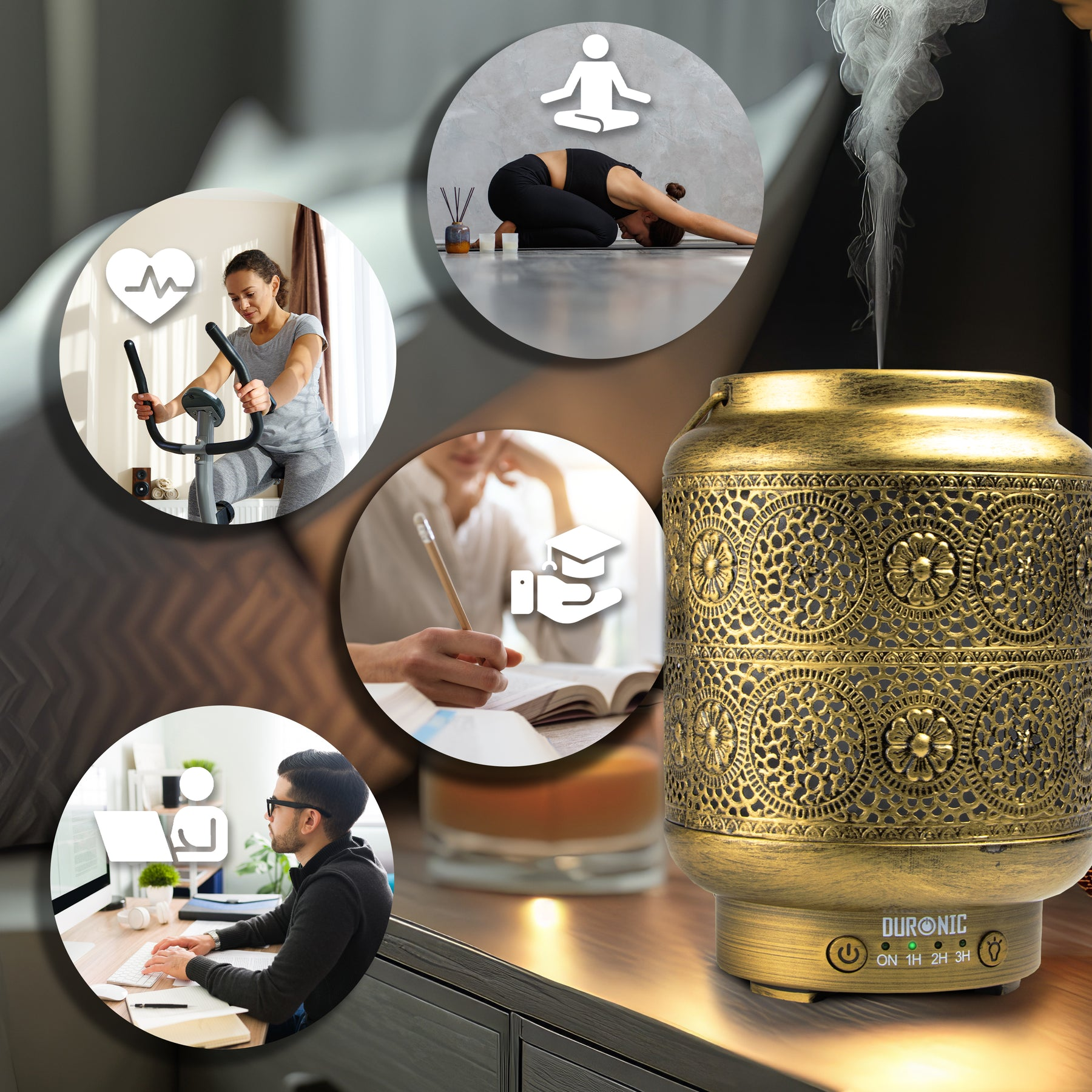 Ein goldener Aroma-Diffusor mit Bildern von Aktivitäten: Yoga, Sport, Lernen und Arbeiten.