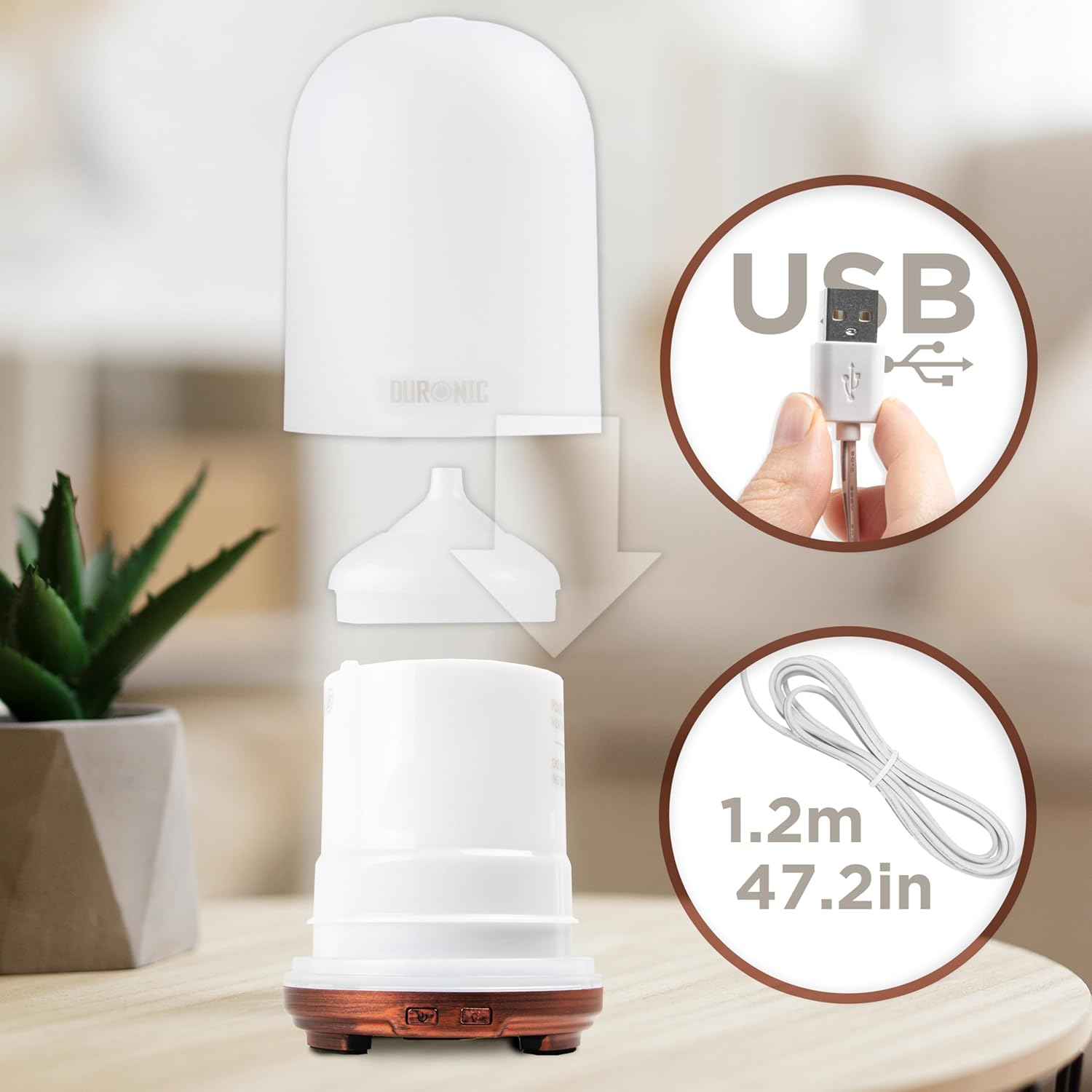 Weißer Diffusor mit einer Hand, die ein USB-Kabel einsteckt. Text zeigt, dass das Kabel 1,2 m oder 47,2 Zoll lang ist.