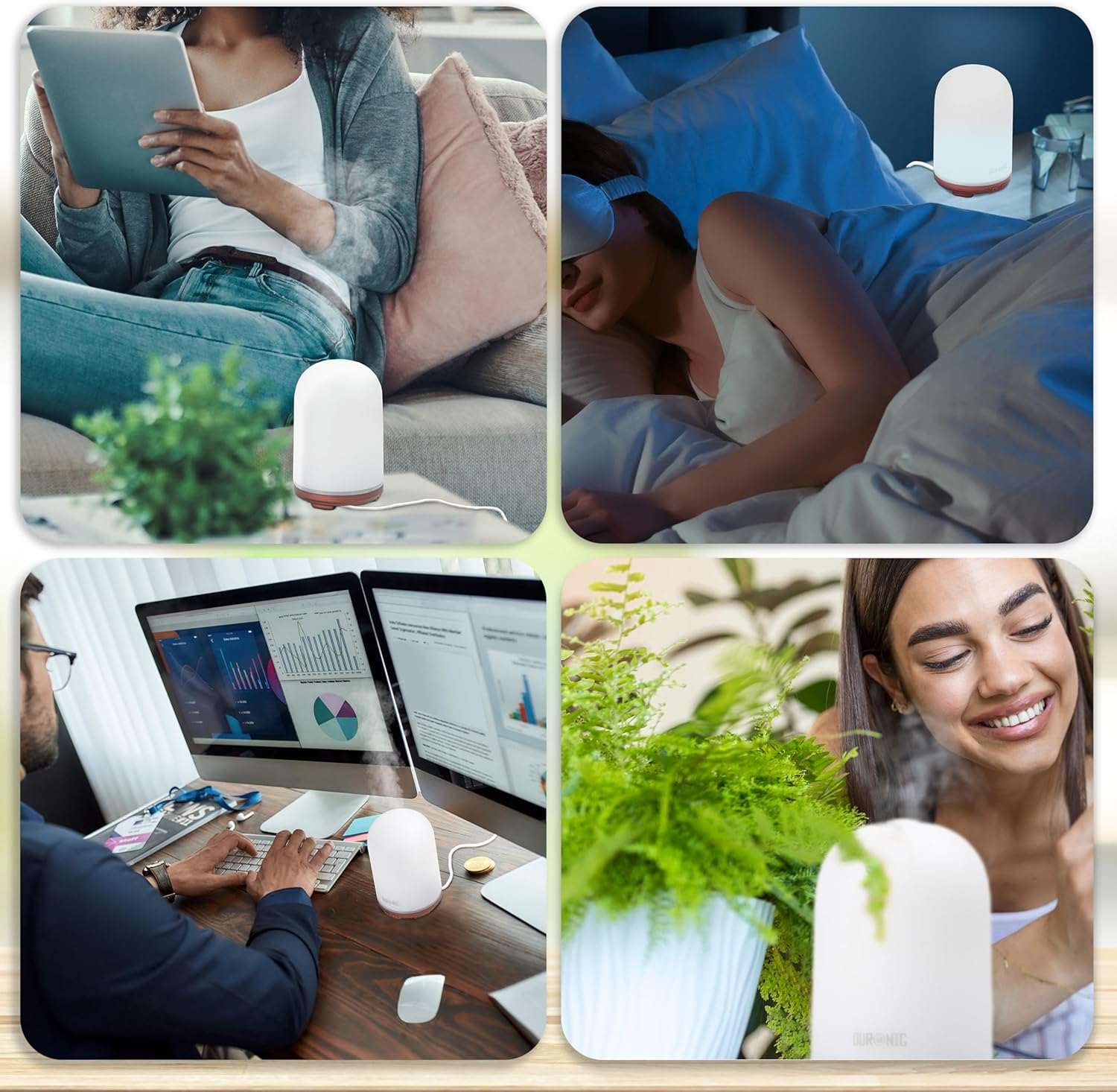 Vier Bilder: eine Frau mit Tablet, schlafend, am Computer arbeitend und Pflanzen mit einem Aromadiffusor pflegend.