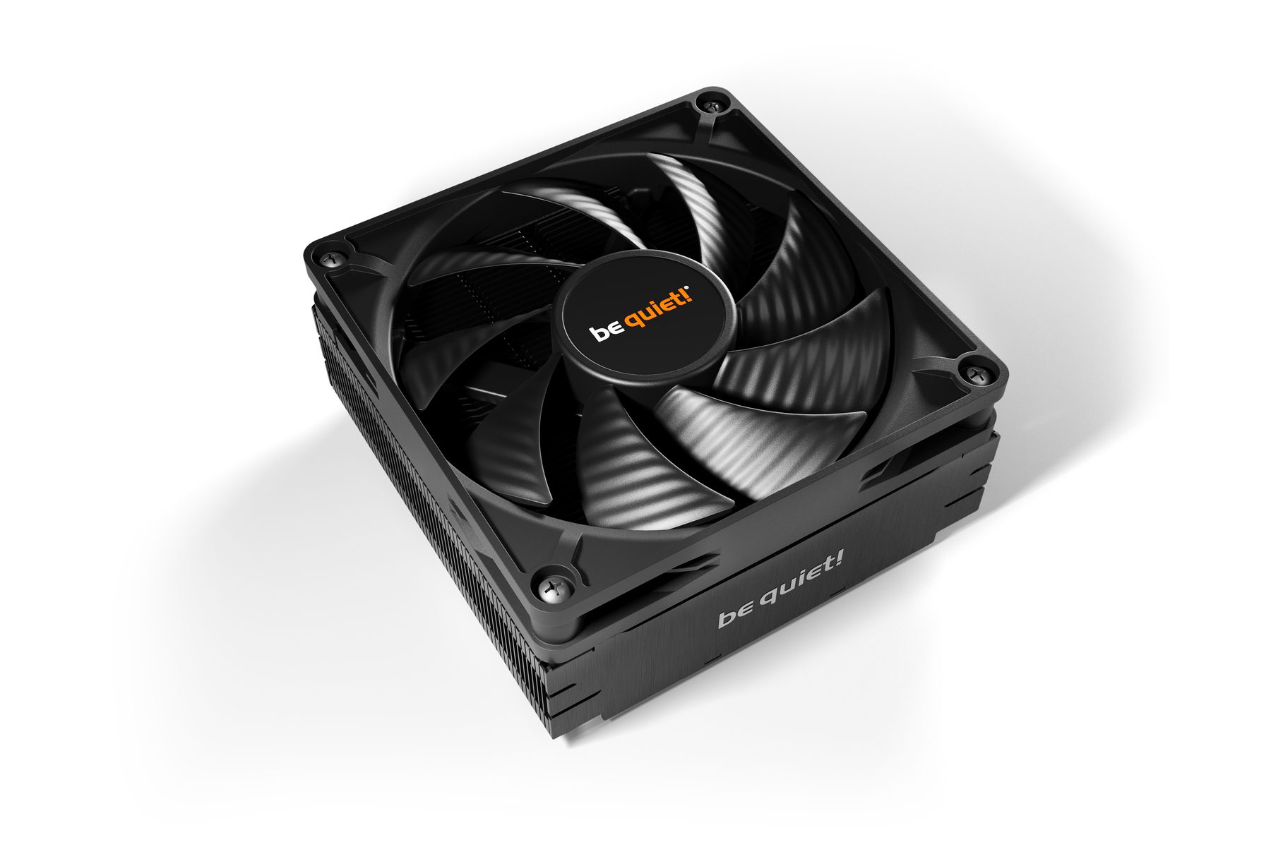 Black computer fan from be quiet!, angled view, on white background.