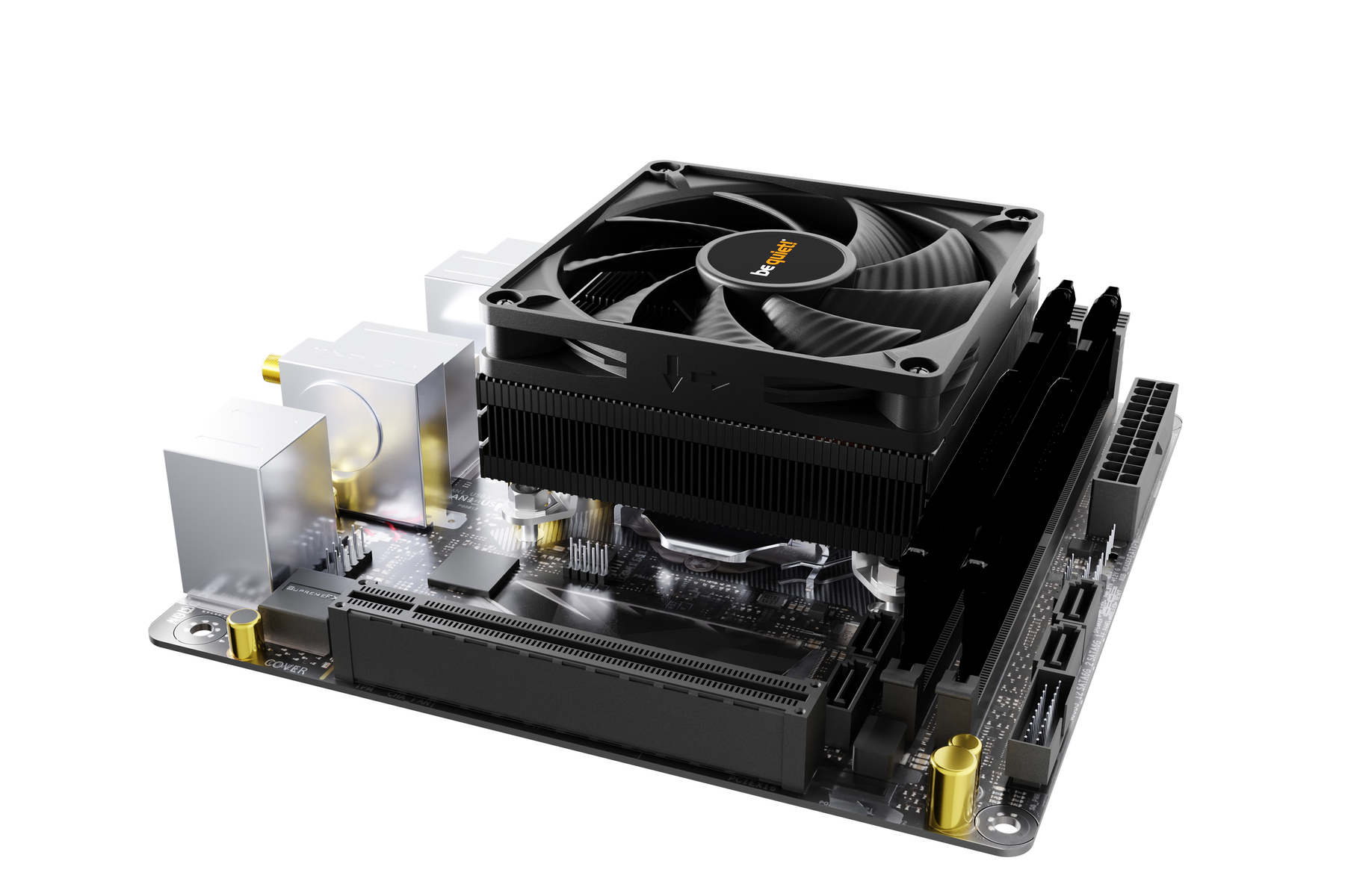 A close-up of a computer CPU cooler on a motherboard. The cooler is black with a fan on top.