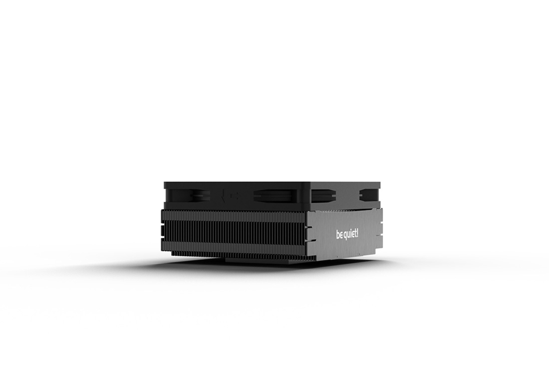 A black computer cooler with parallel fins, isolated on white background.