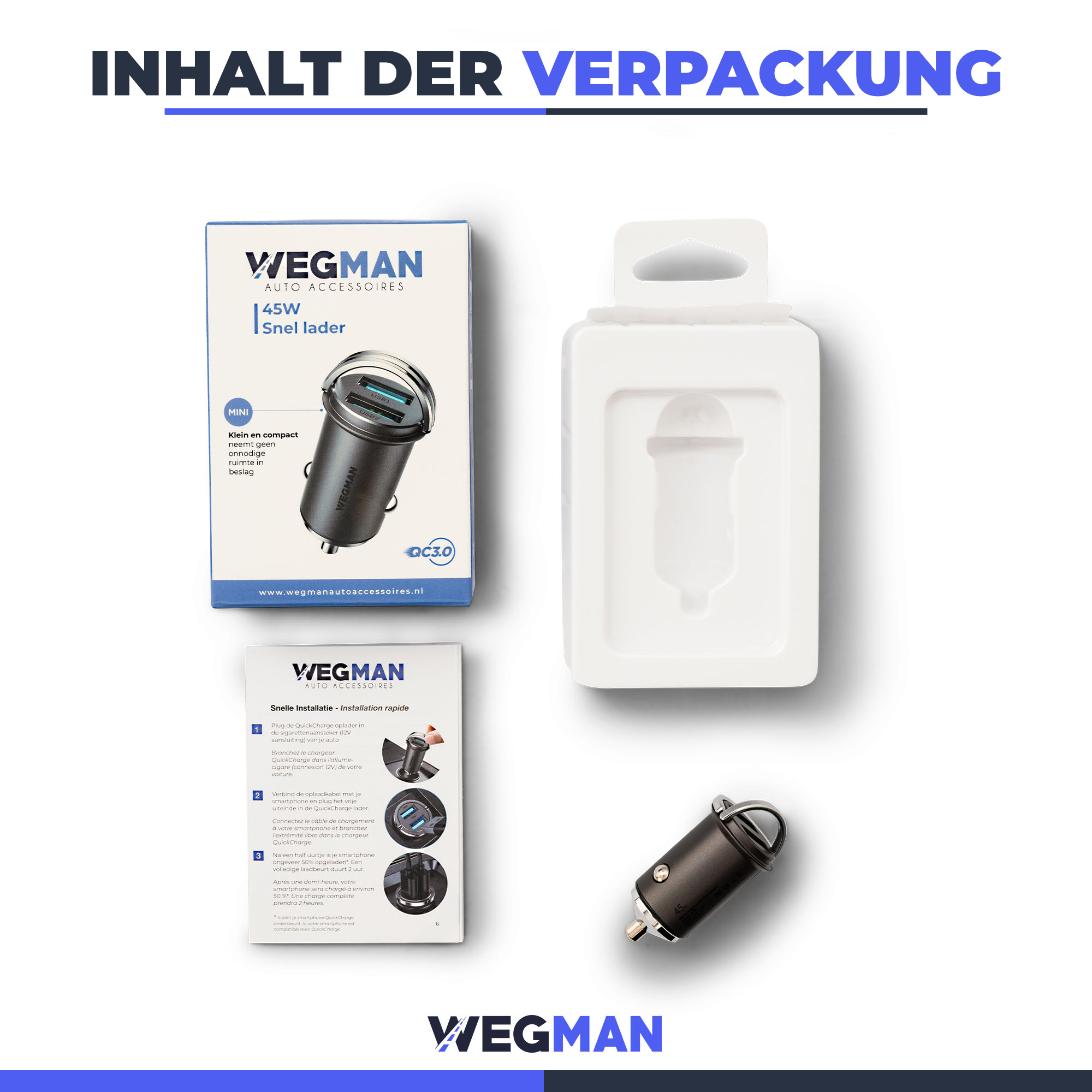 Geöffnete Box mit Autoladegerät, Verpackung und Bedienungsanleitung. Die Marke Wegman ist sichtbar.