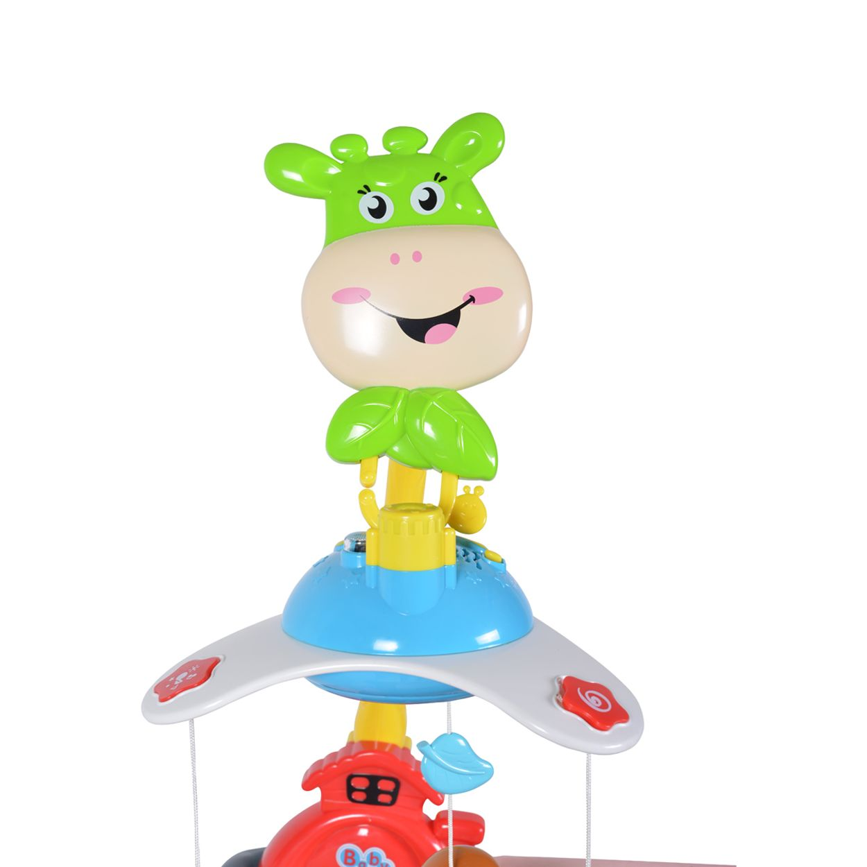 Ein Babymobile-Spielzeug mit Giraffenkopf und bunten Elementen.