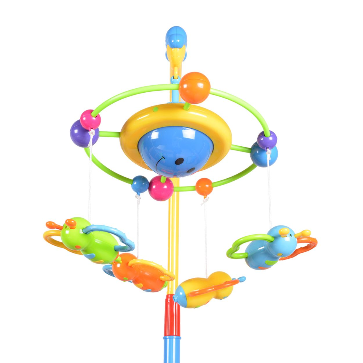 Buntes Babymobile. Enthält blaue, orange, grüne und lila Elemente. Auf weißem Hintergrund.