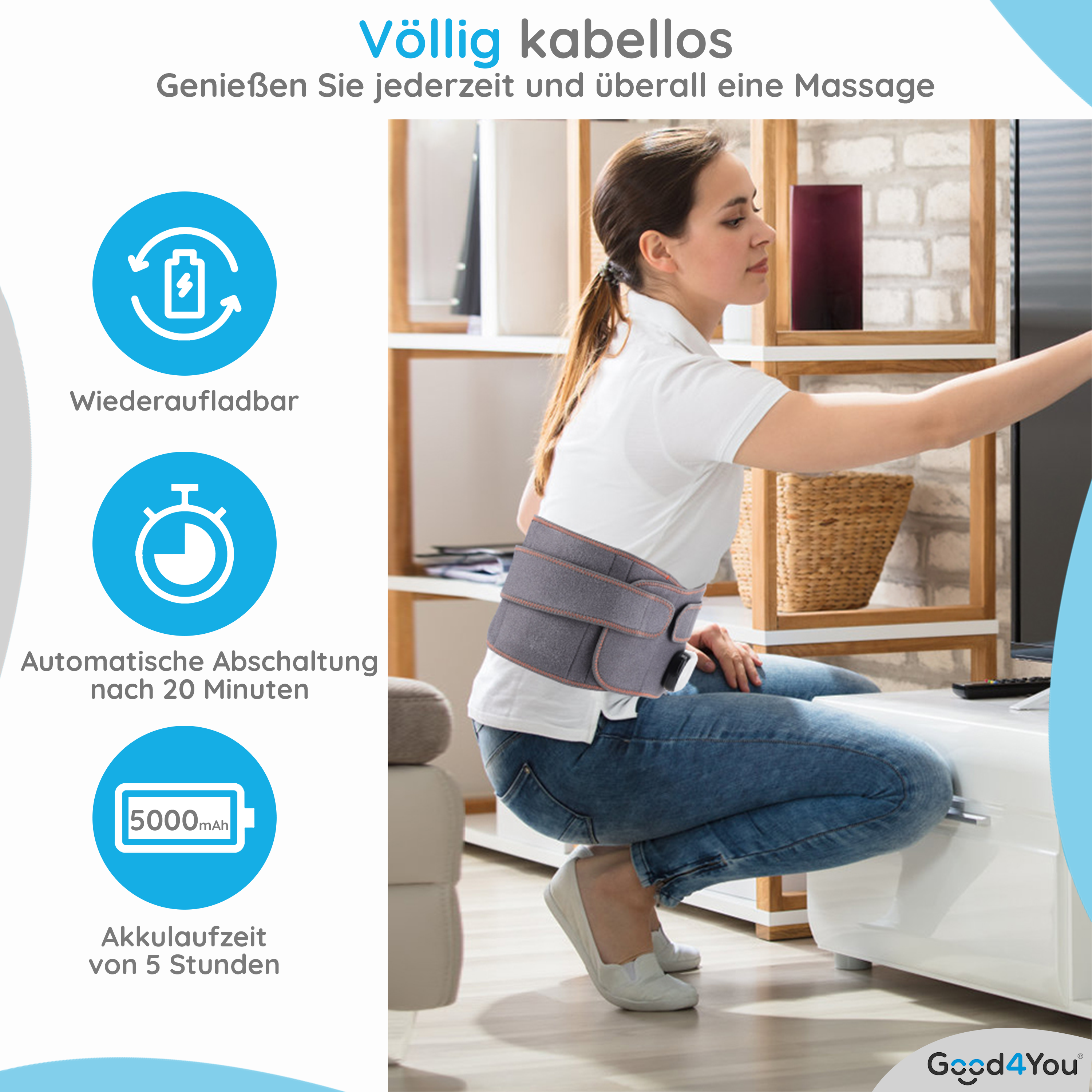 Eine Frau benutzt ein Rückenmassagegerät, mit Symbolen und Text, die seine Funktionen beschreiben.