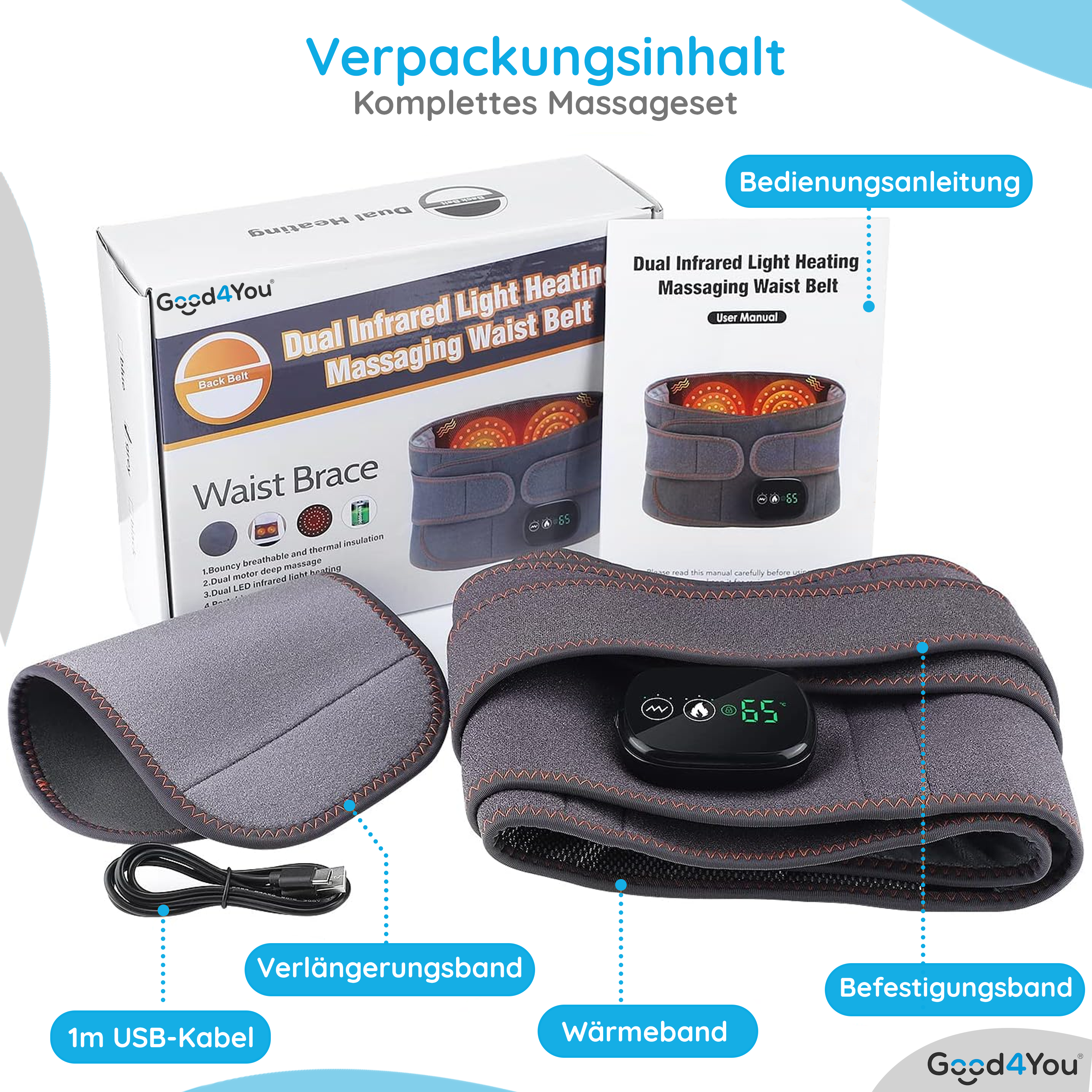 Taillenbandmassagegerät, USB-Kabel und Benutzerhandbuch. Das Band ist grau, mit schwarzem Bedienfeld.