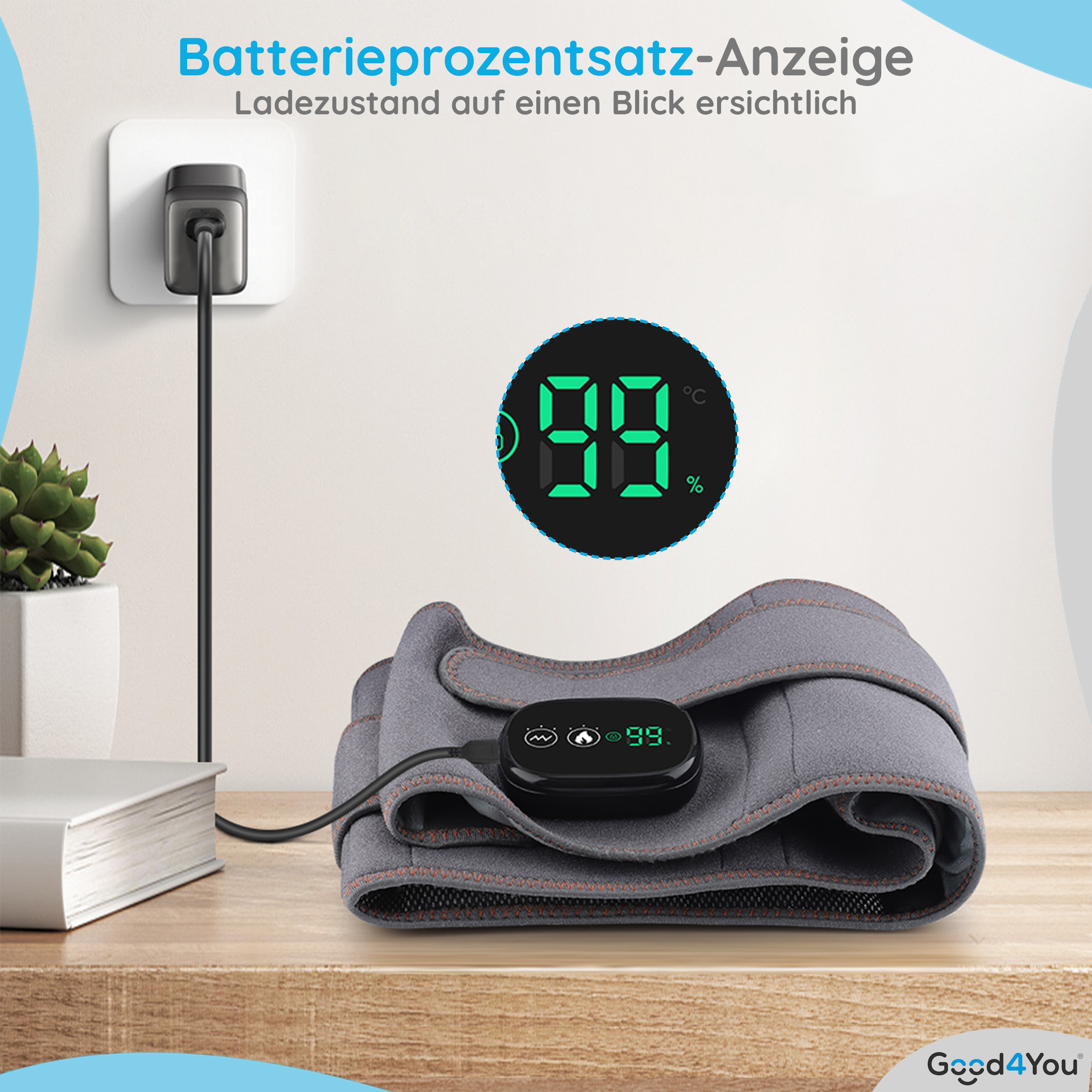 Eine graue Kniebandage mit Digitalanzeige, die 99 % Ladung anzeigt und an eine Steckdose angeschlossen ist.
