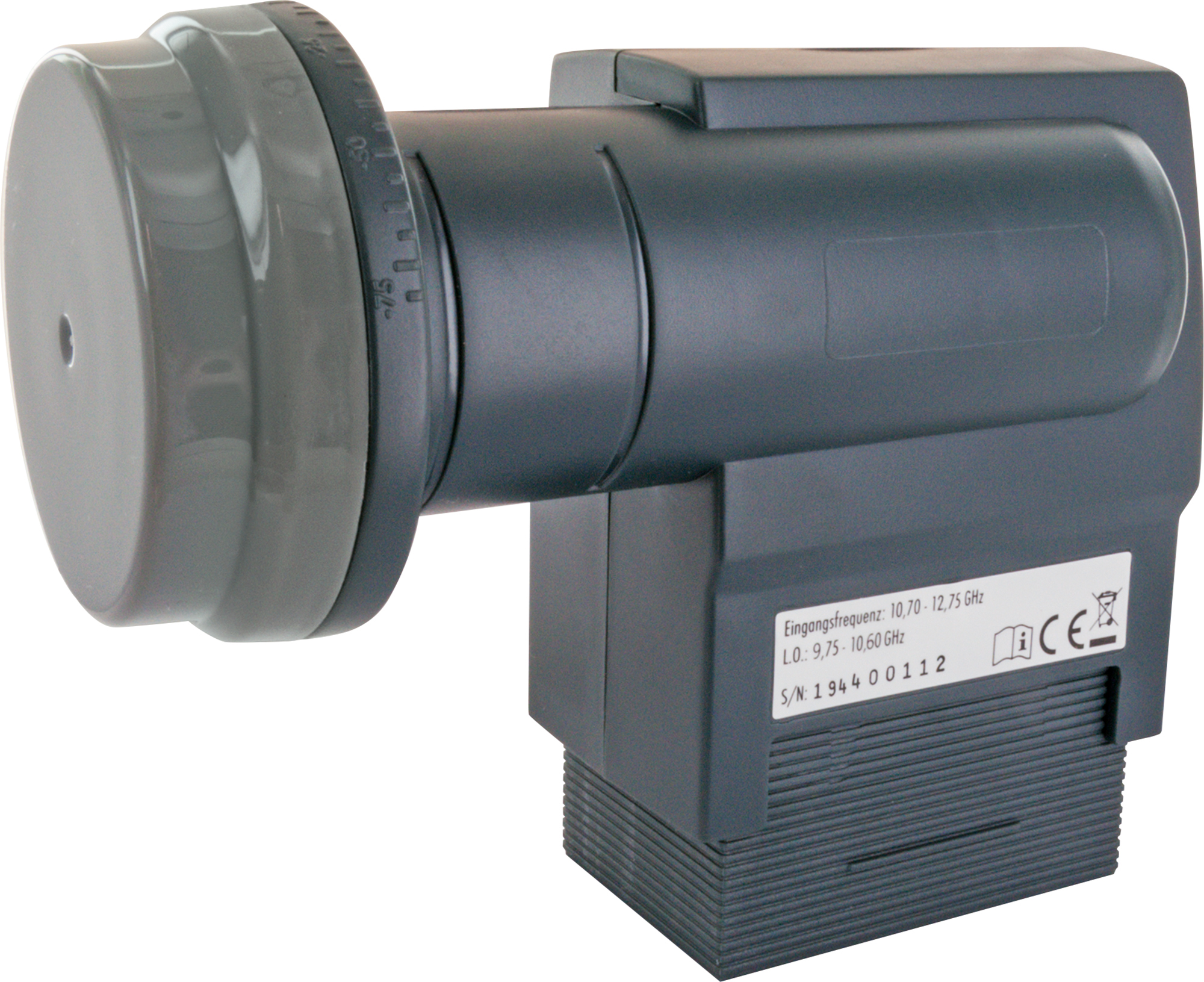 Ein schwarzer Satelliten-LNB (Low-Noise Block Converter) mit grauem Deckel.