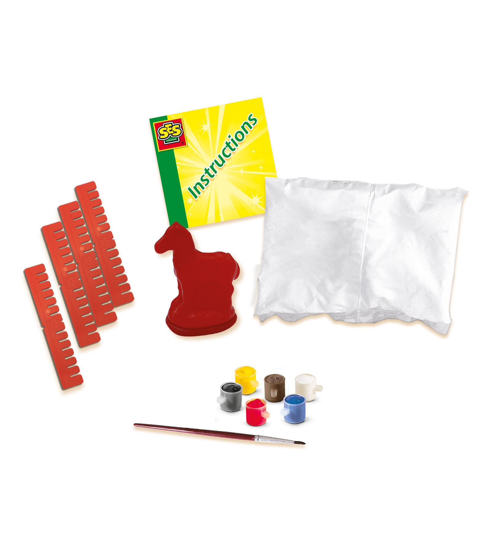 Zestaw do malowania czerwonej figurki konia. Zawiera pojemniki z farbą, pędzle i instrukcje.