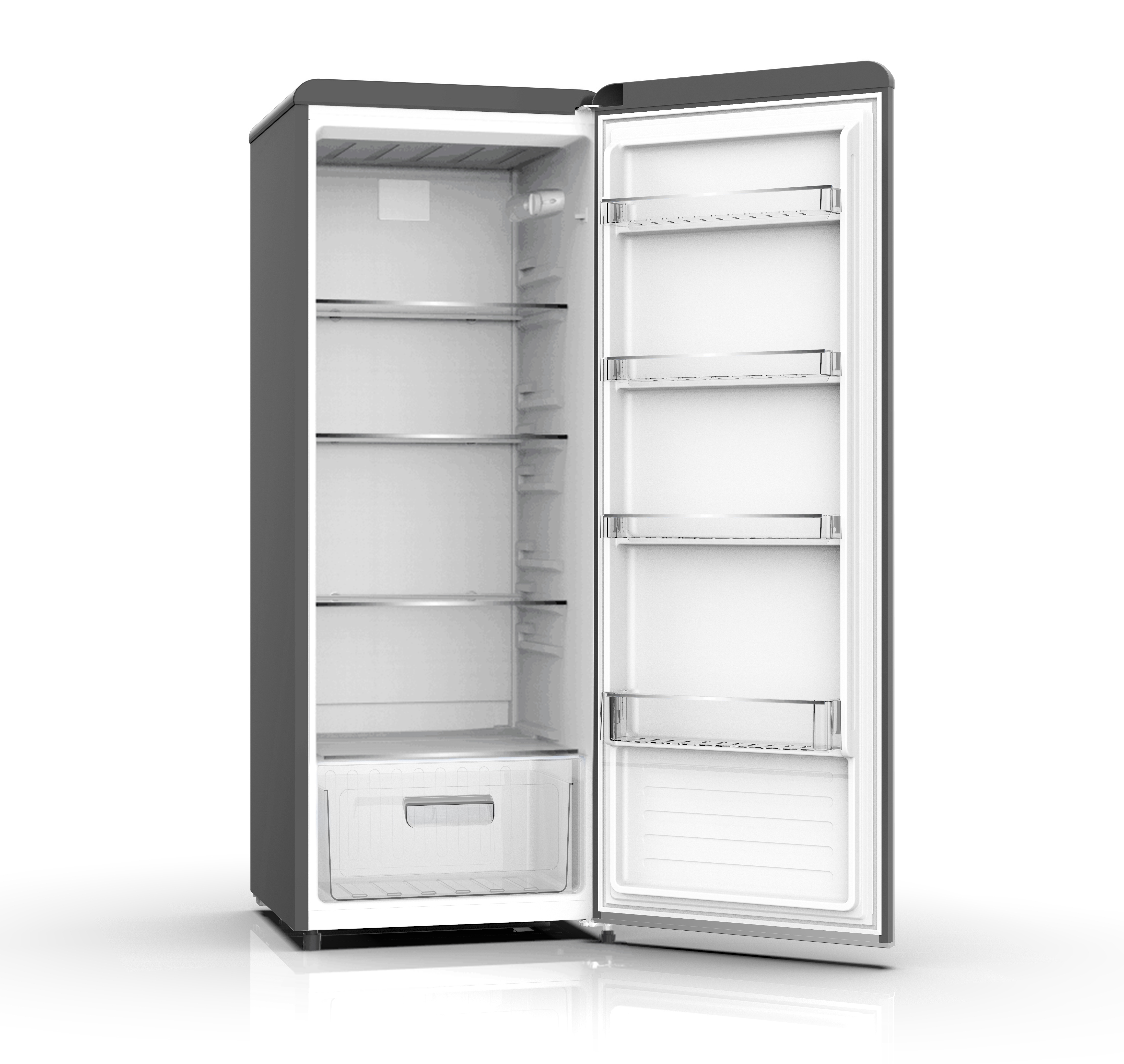 Ein offener Kühlschrank mit Glasböden und einer Schublade, grauer Außenbereich, weißer Innenraum.