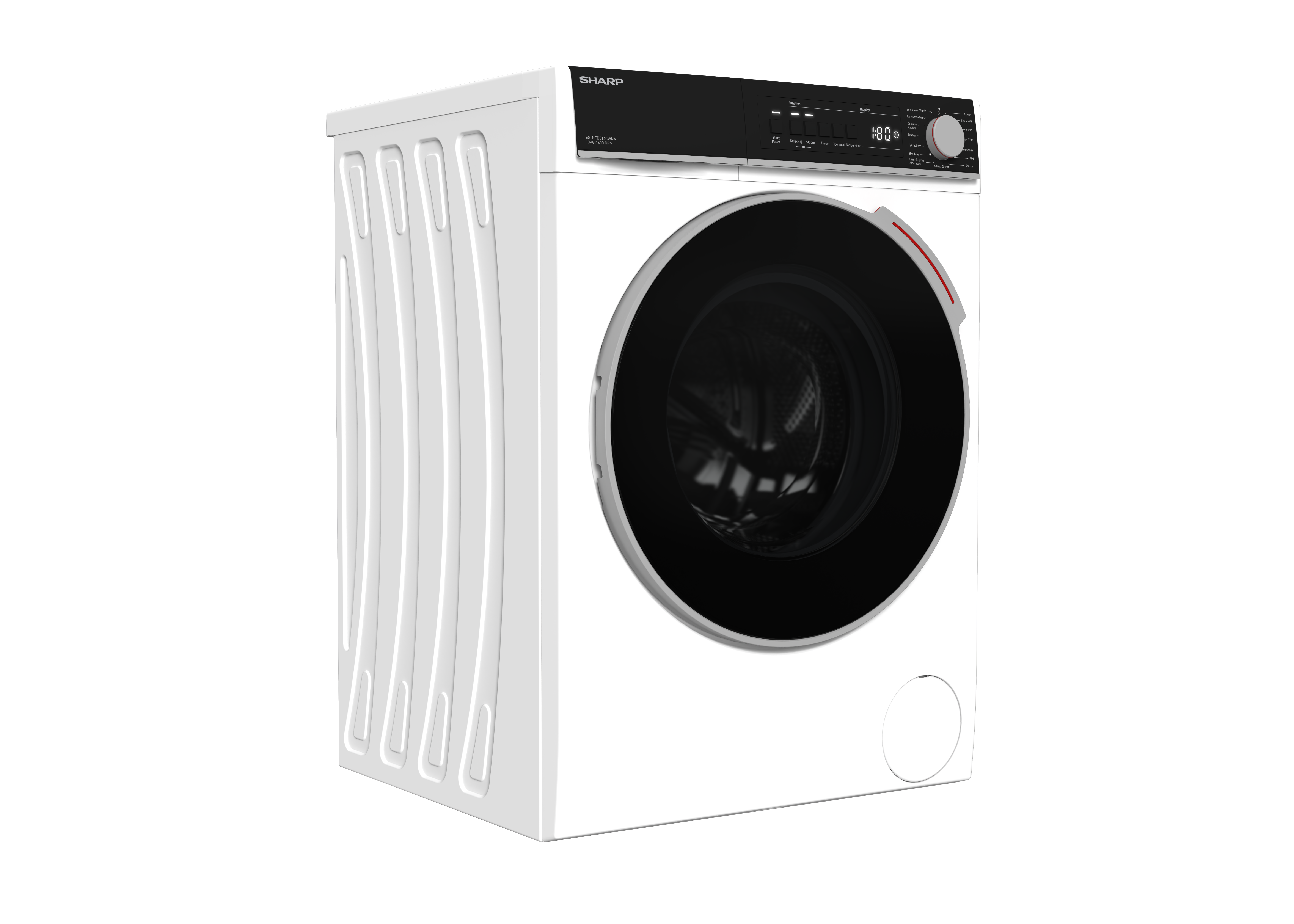 A white and black washing machine, seen from the side, with a black door.