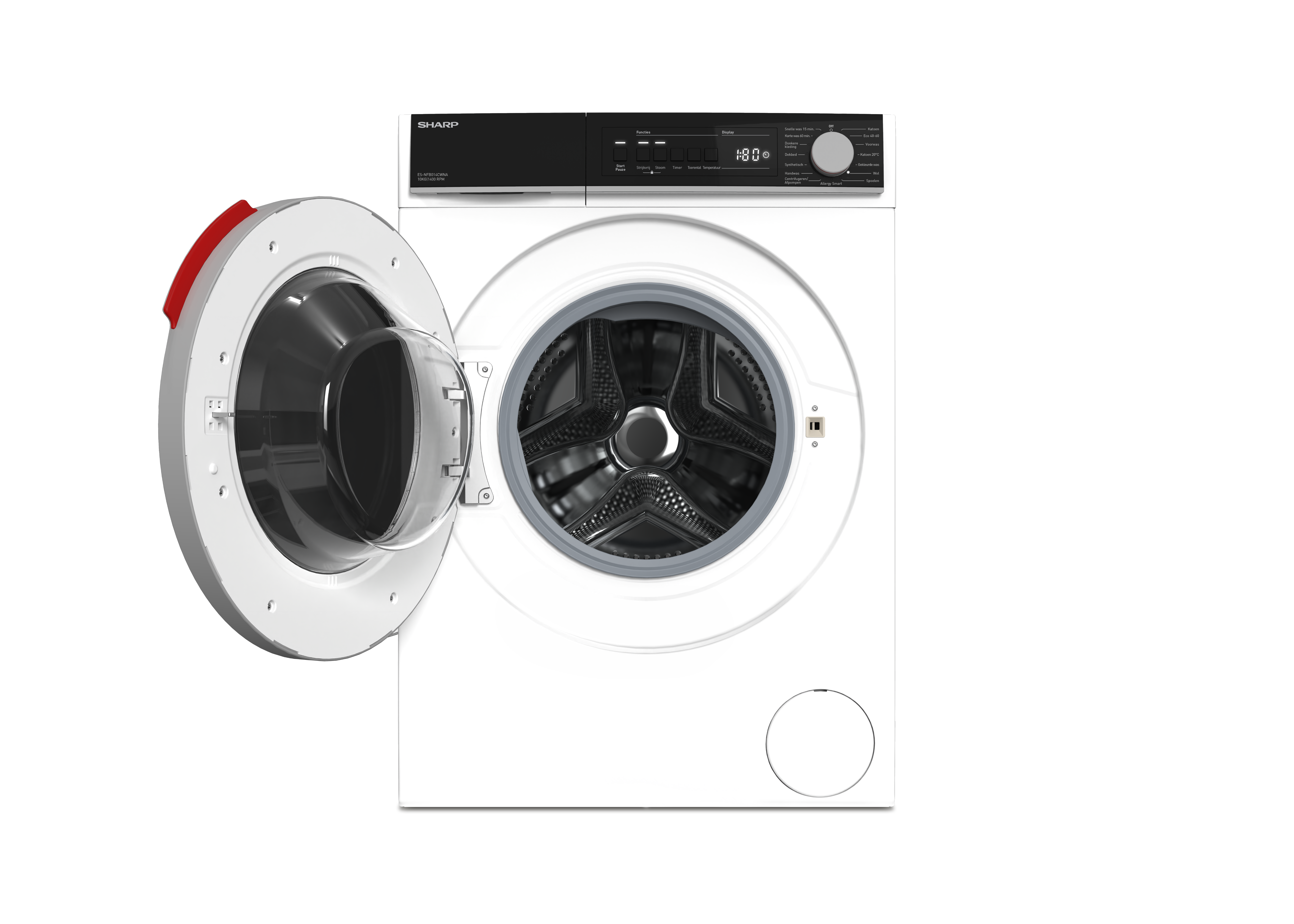 White washing machine with door open. The door has a red handle.