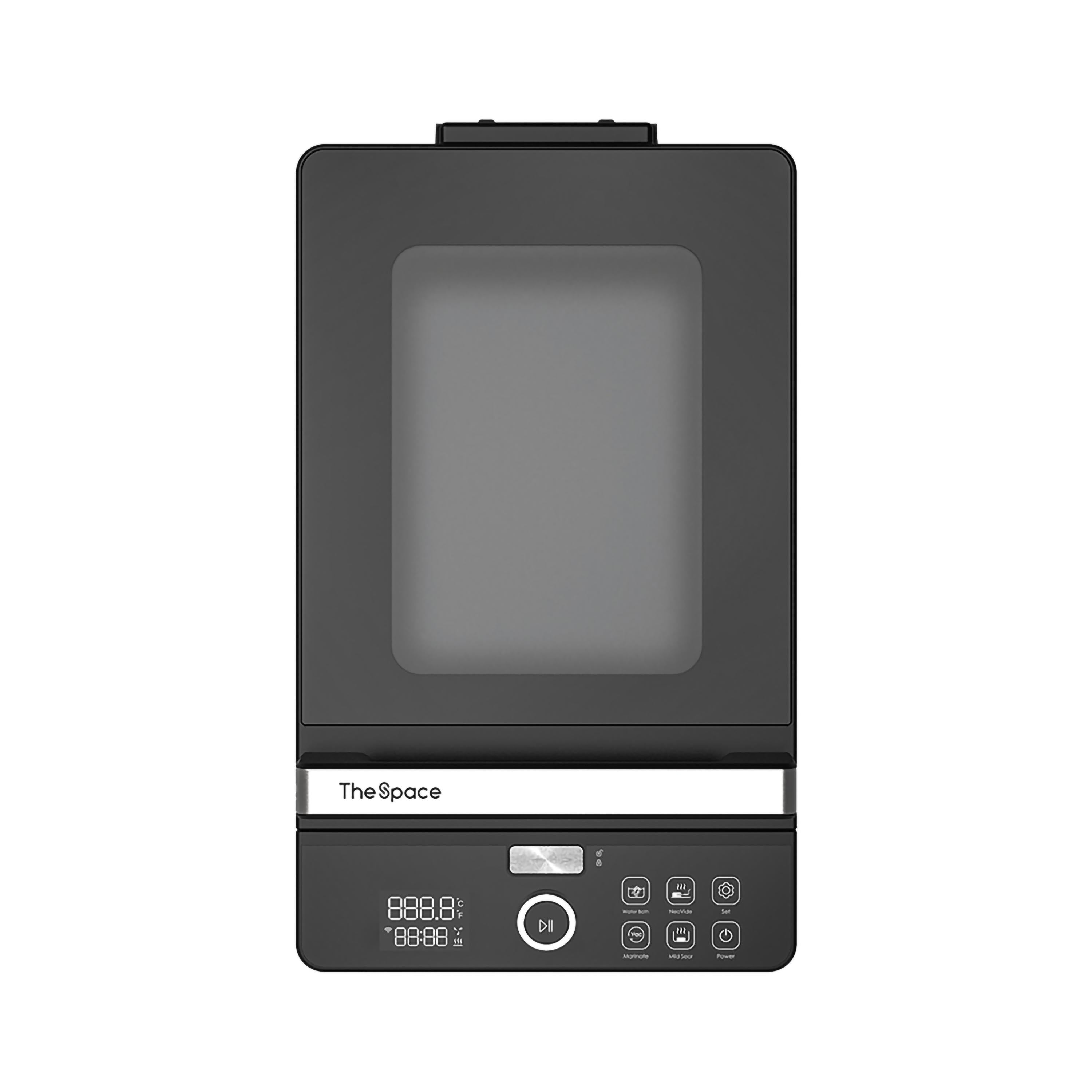 Cucina sous vide nera e argento con display e pulsanti di controllo.