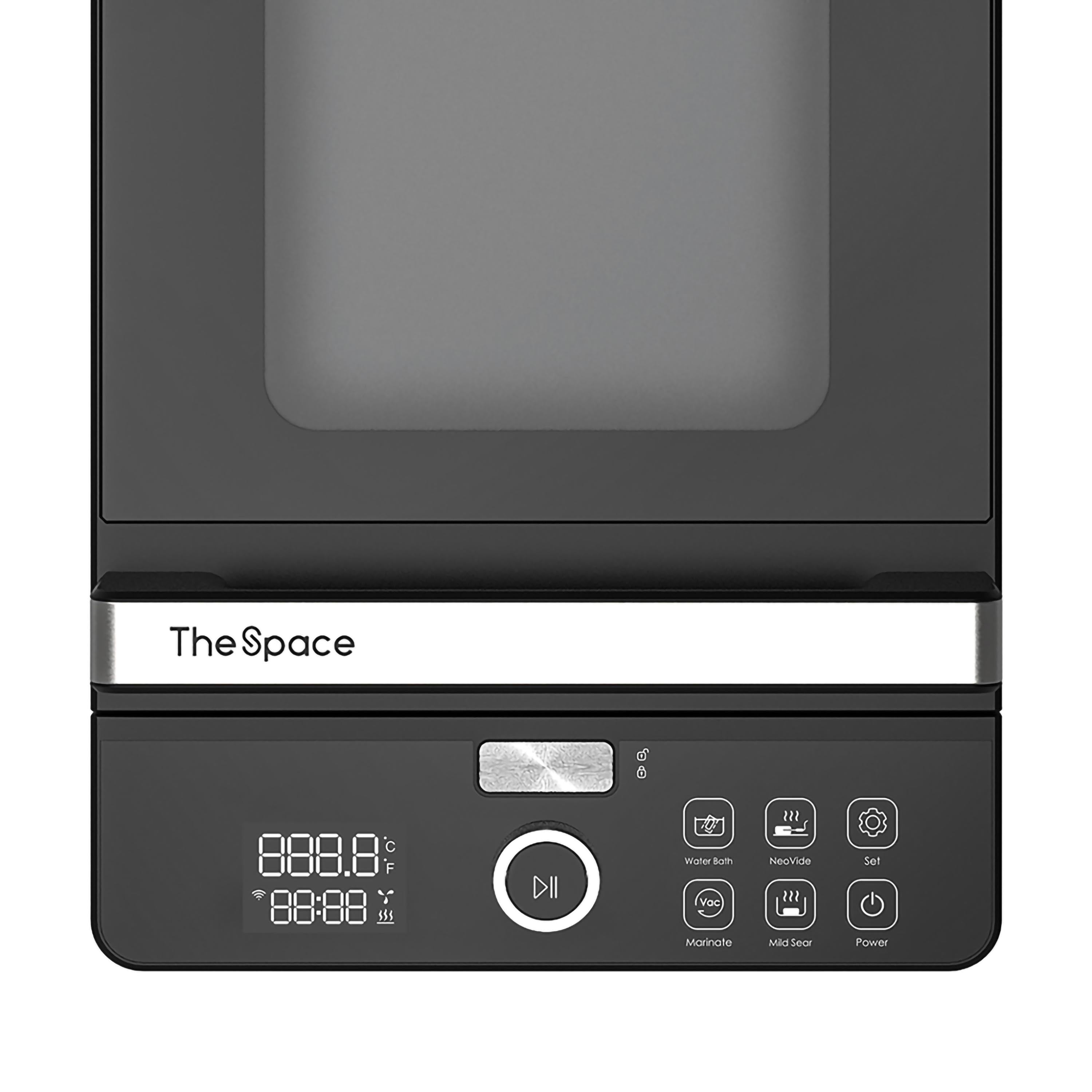 Elettrodomestico nero con display digitale, pulsanti e barra argentata.