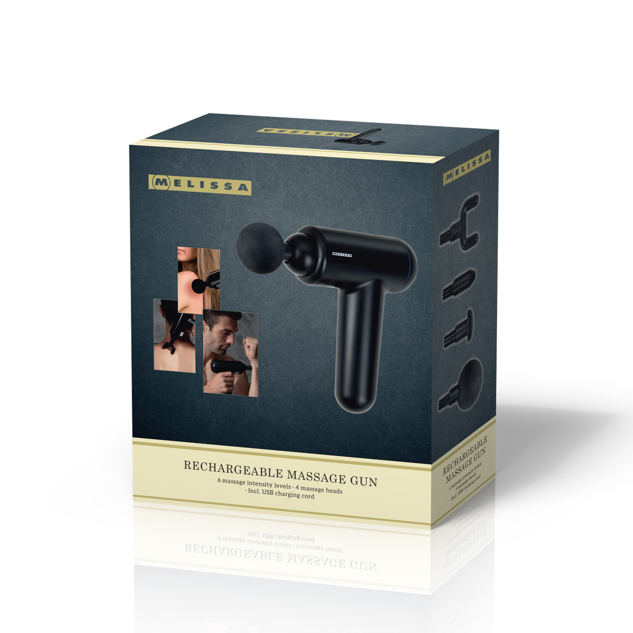 Pudełko z pistoletem do masażu i nasadkami. Pokazuje pistolet w użyciu.