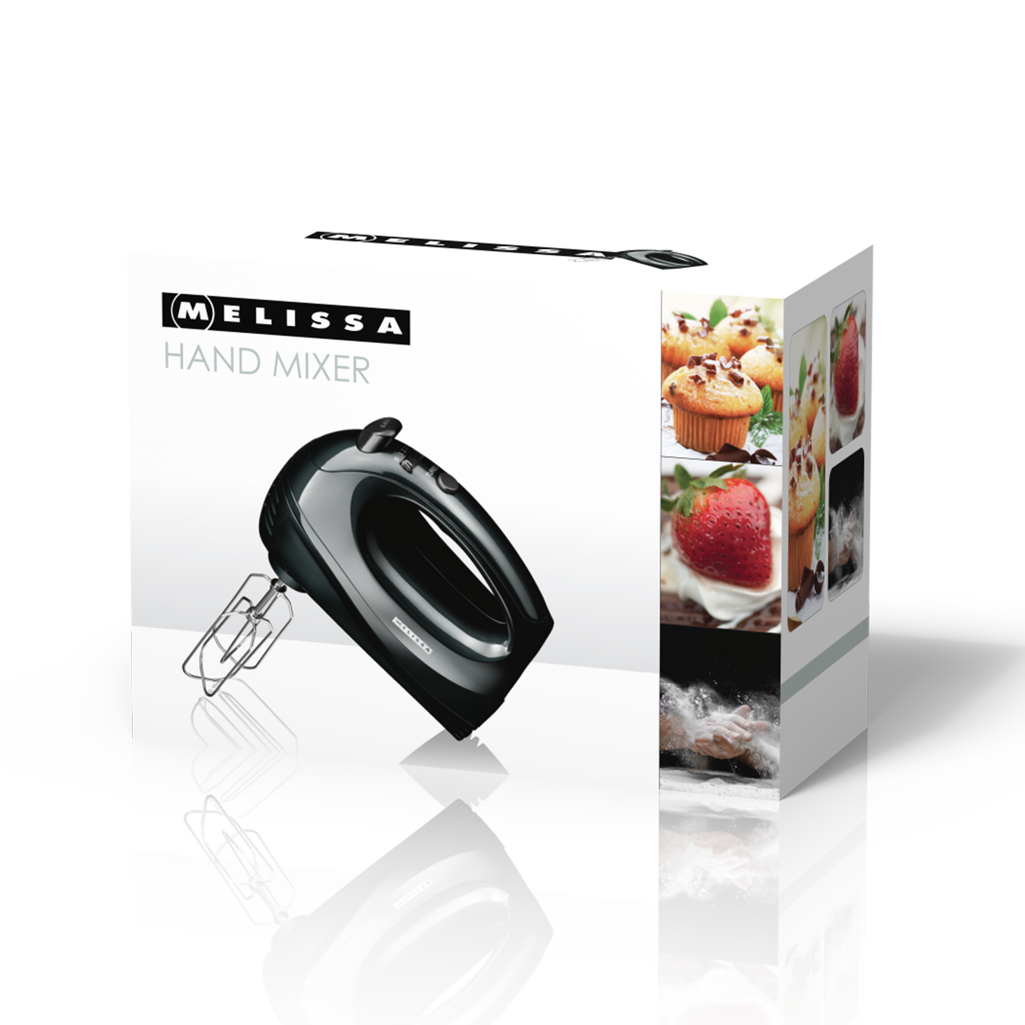 Czarny mikser ręczny z pudełkiem. Pudełko pokazuje mikser i zdjęcia jedzenia. Białe tło.