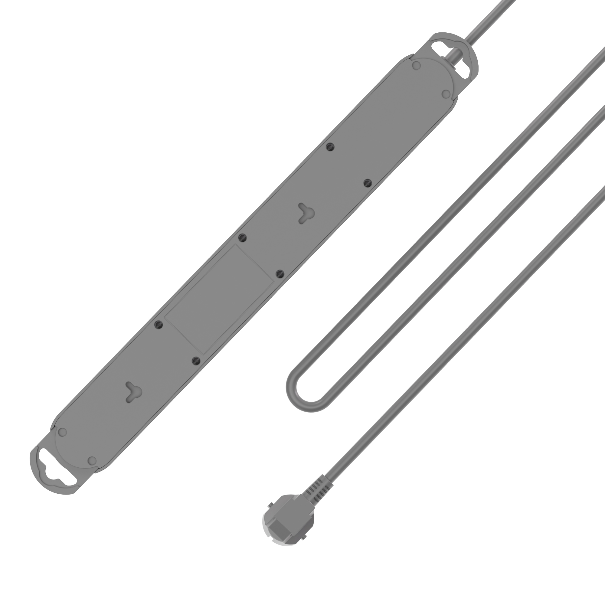 Una regleta gris con múltiples enchufes y un cable de alimentación gris con enchufe sobre fondo blanco.