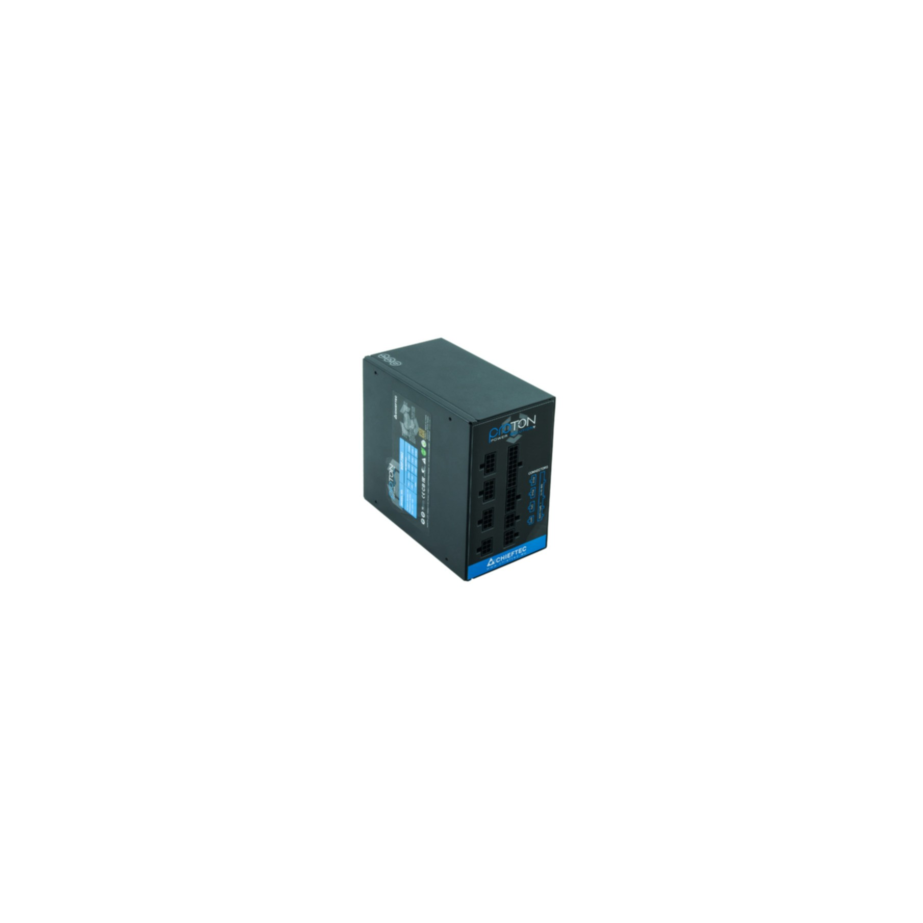 A black power supply unit. It has a blue sticker, and is on a white surface.