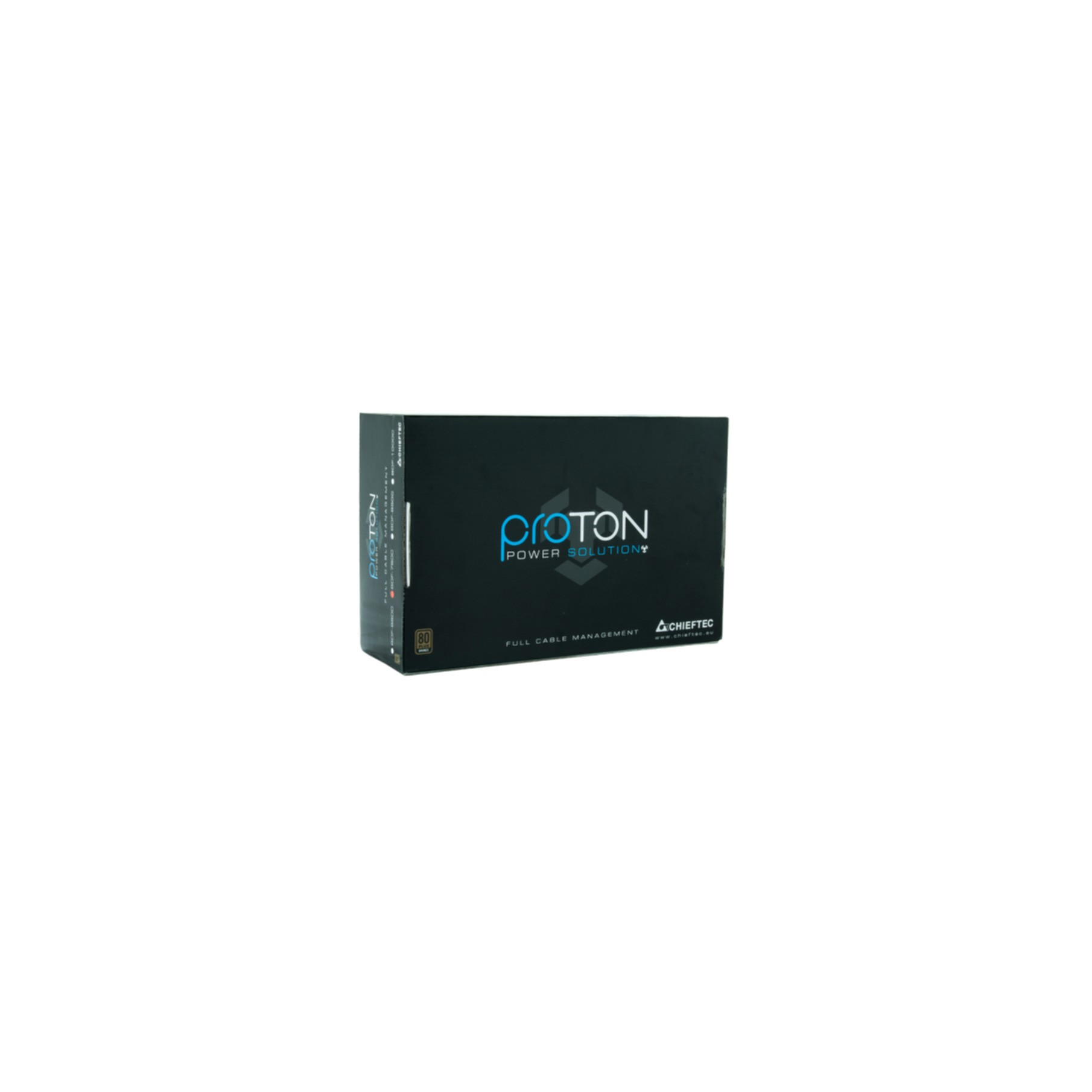 Black and blue box of a Proton power supply on white background. Brand name is Proton.