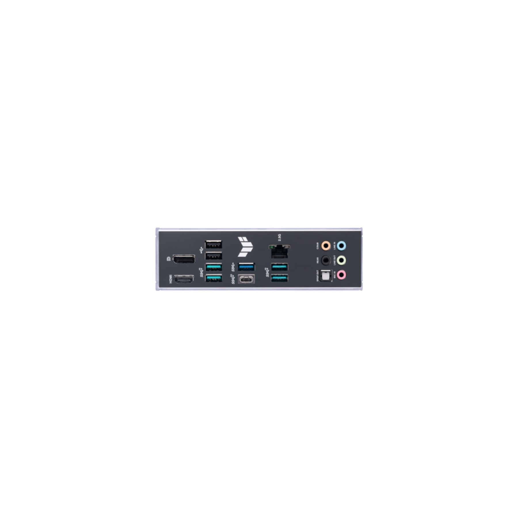 Panel trasero de la placa base con varios puertos y conectores, fondo blanco.