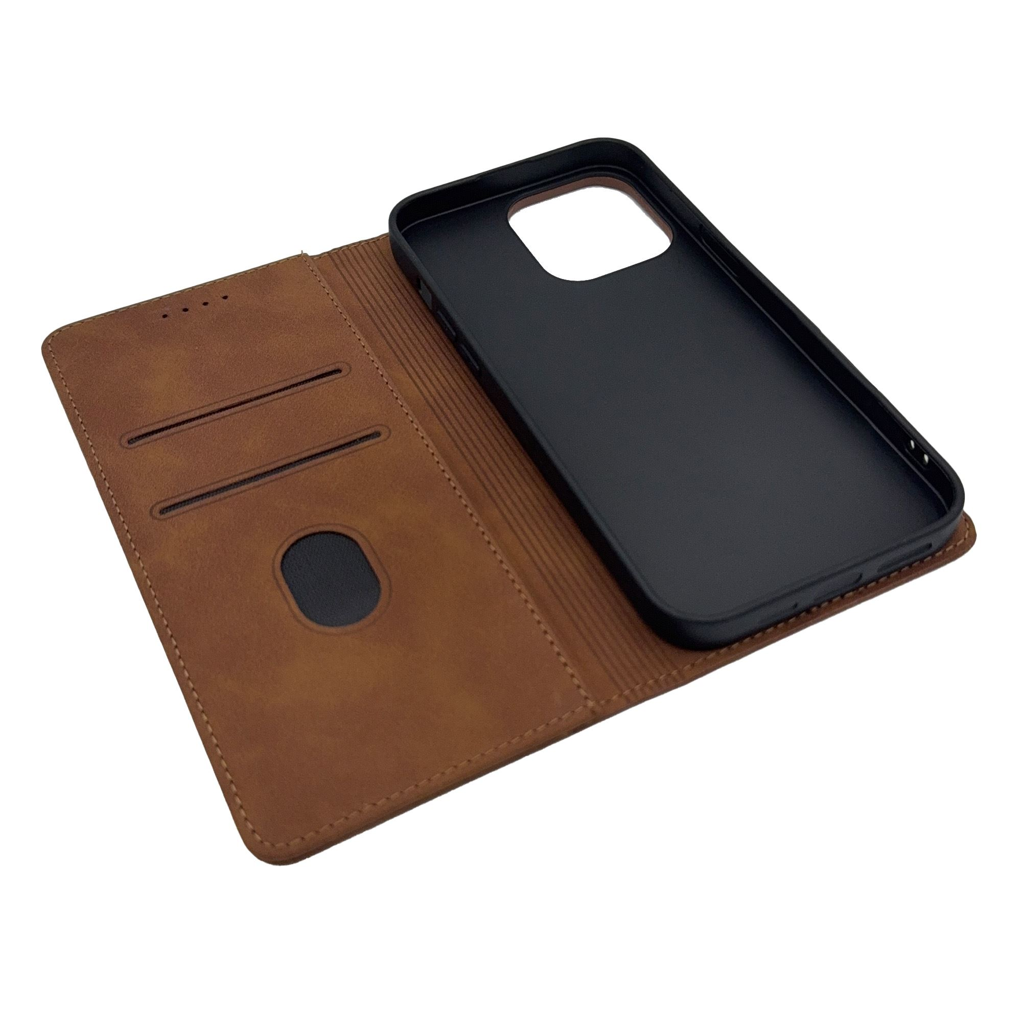 Braune Leder-Handyhülle, offen, mit Handyhalter und Kartenfächern. Schwarze Telefonhülle.