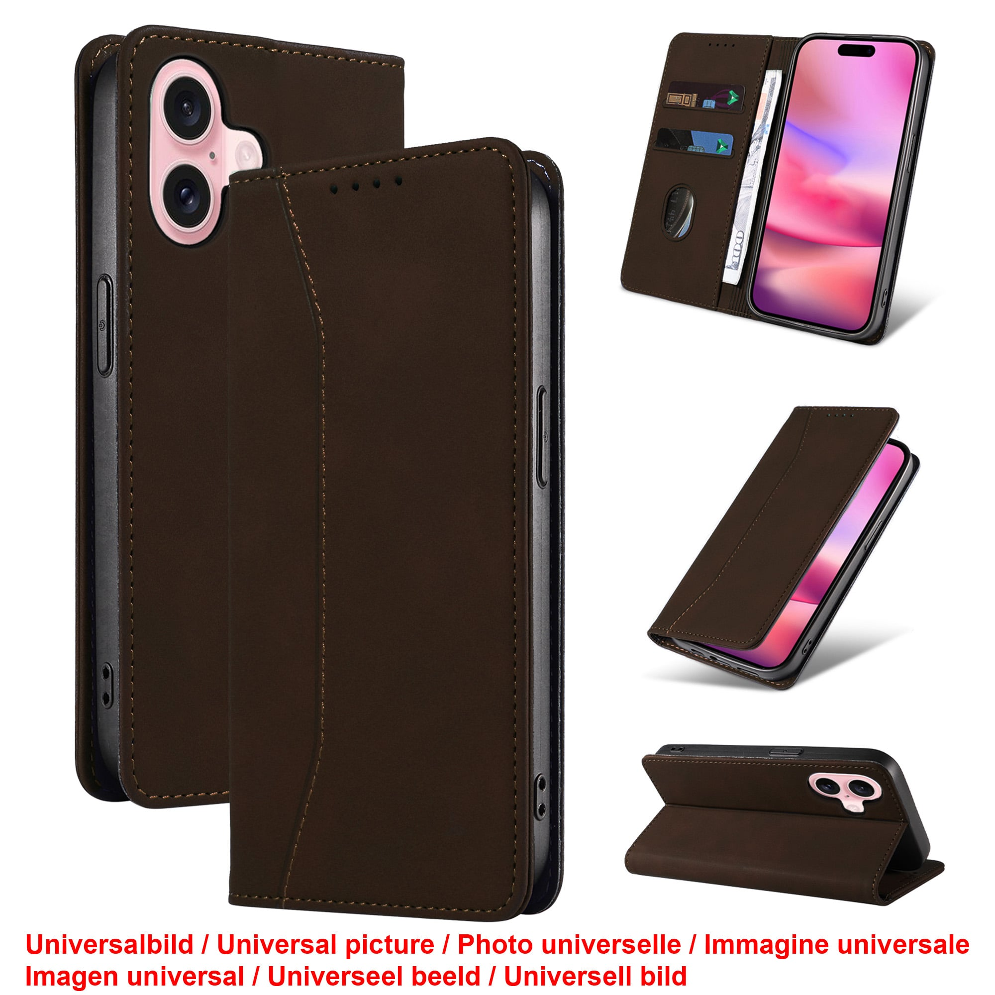 Eine braune Handyhülle ist geöffnet und geschlossen mit einem Telefon darin gezeigt. Verschiedene Winkel werden gezeigt.