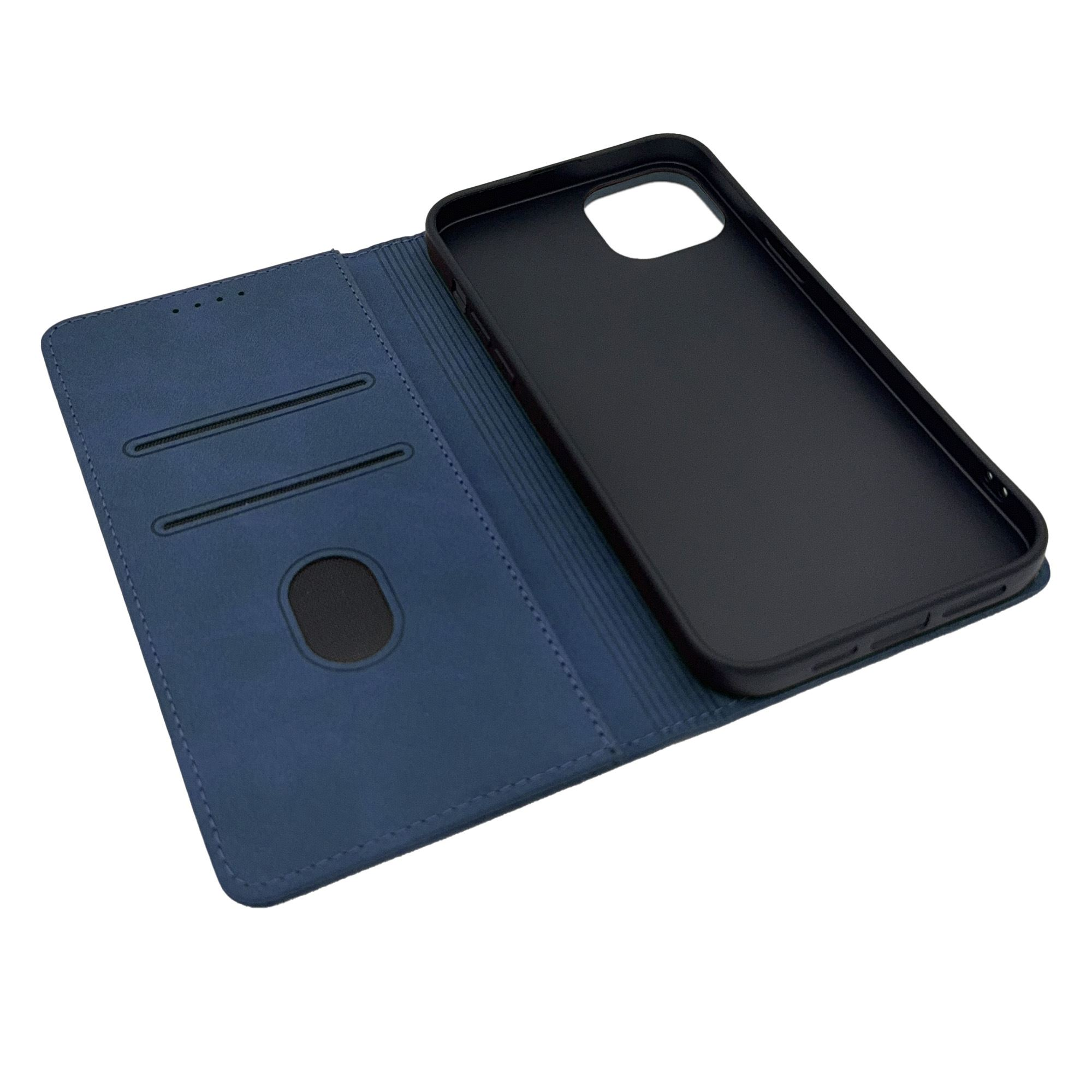 Geöffnete blaue Leder-Handyhülle mit schwarzer Handyhülle. Es hat Kartenfächer.