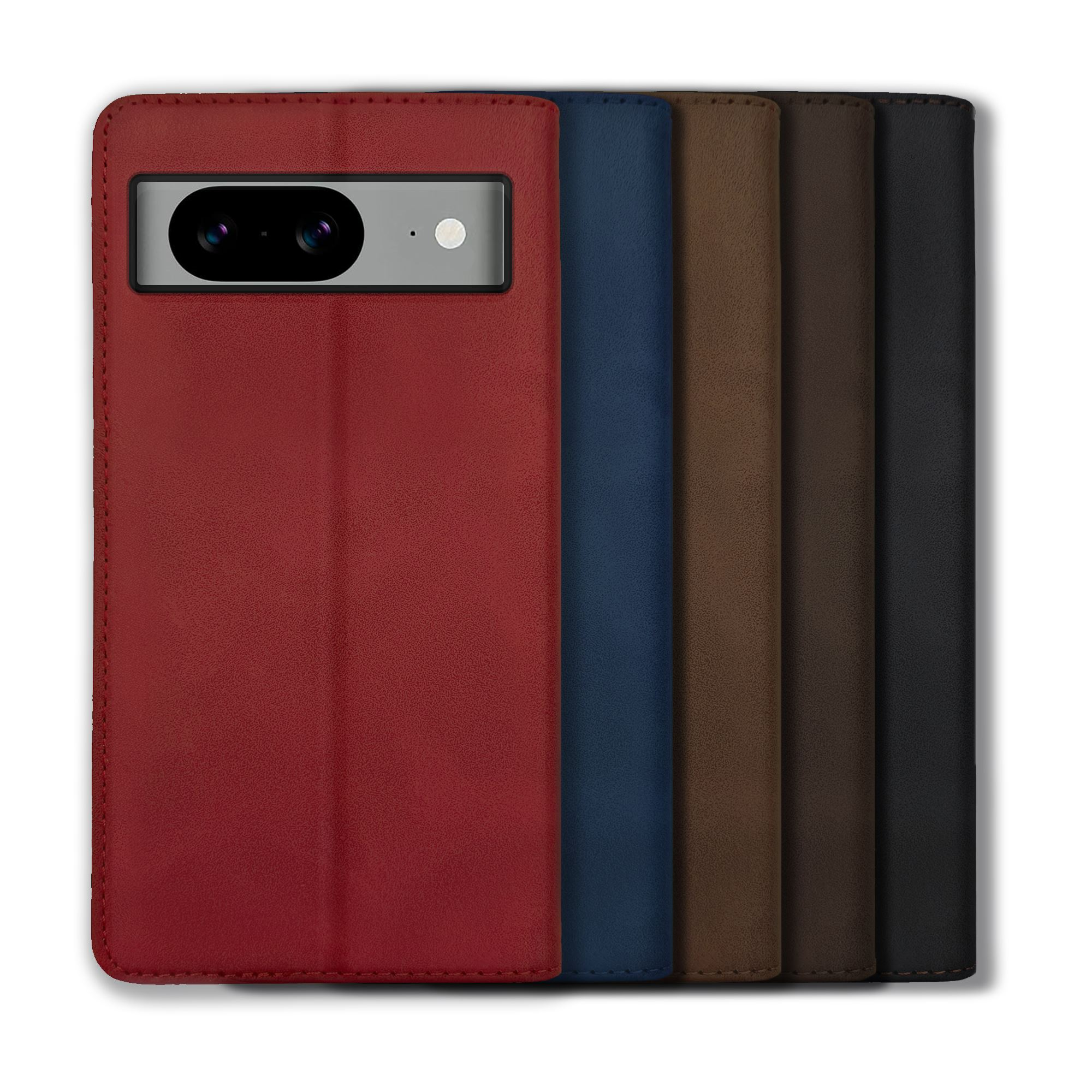 Eine rote Handyhülle mit einem Telefon darin. Die Hülle ist geschlossen, und es gibt andere ähnliche Hüllen.