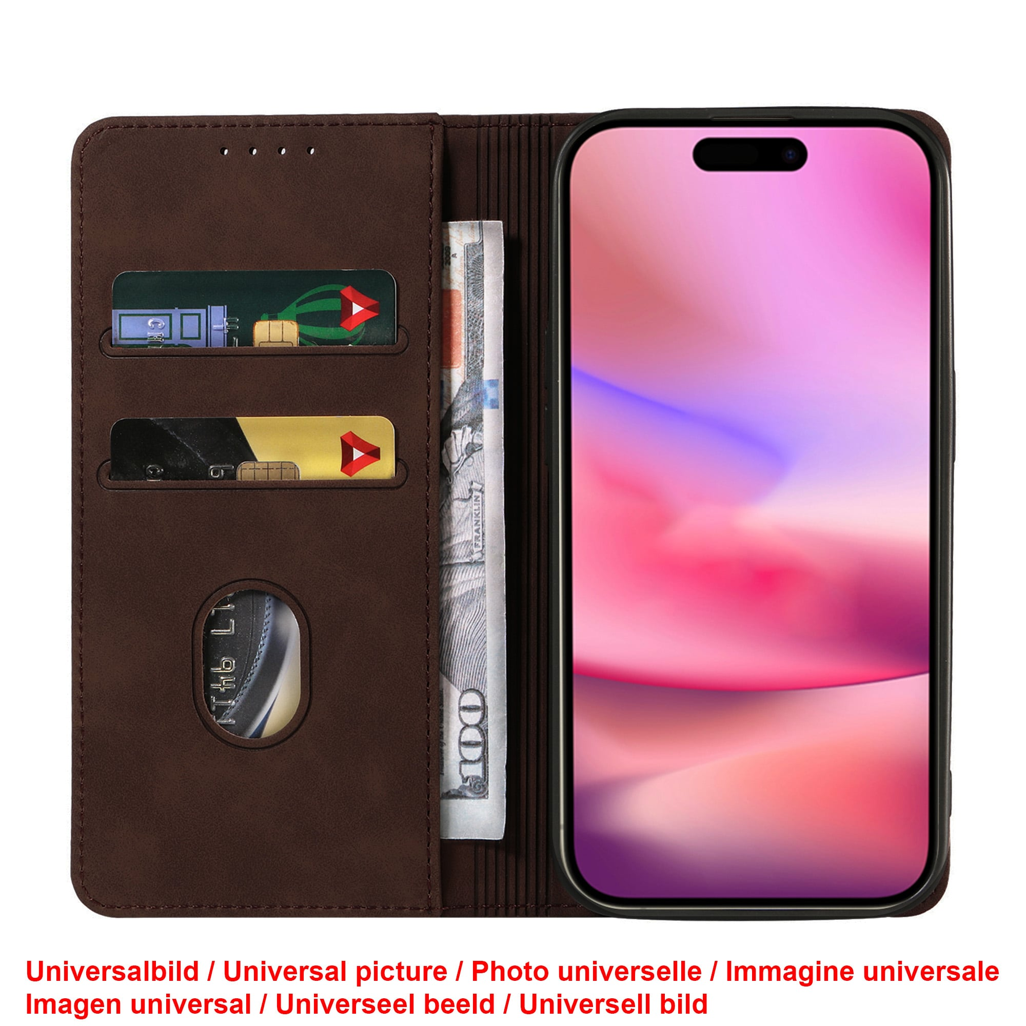 Eine braune Handyhülle ist geöffnet und zeigt ein Telefon mit rosa Bildschirm sowie Karten- und Geldfächern.