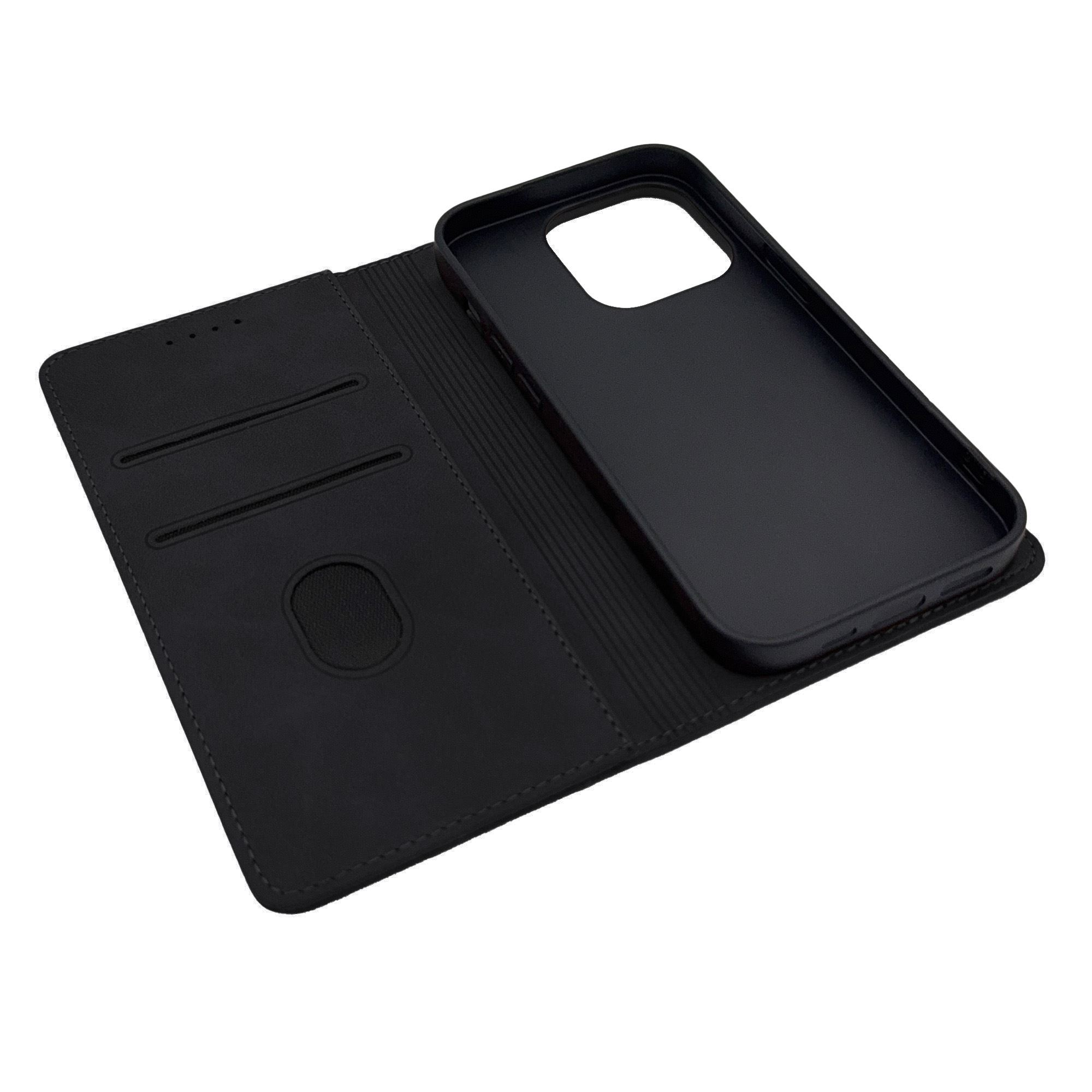 Eine schwarze Handyhülle, geöffnet, um das Innere mit Kartenfächern und Telefon zu zeigen.