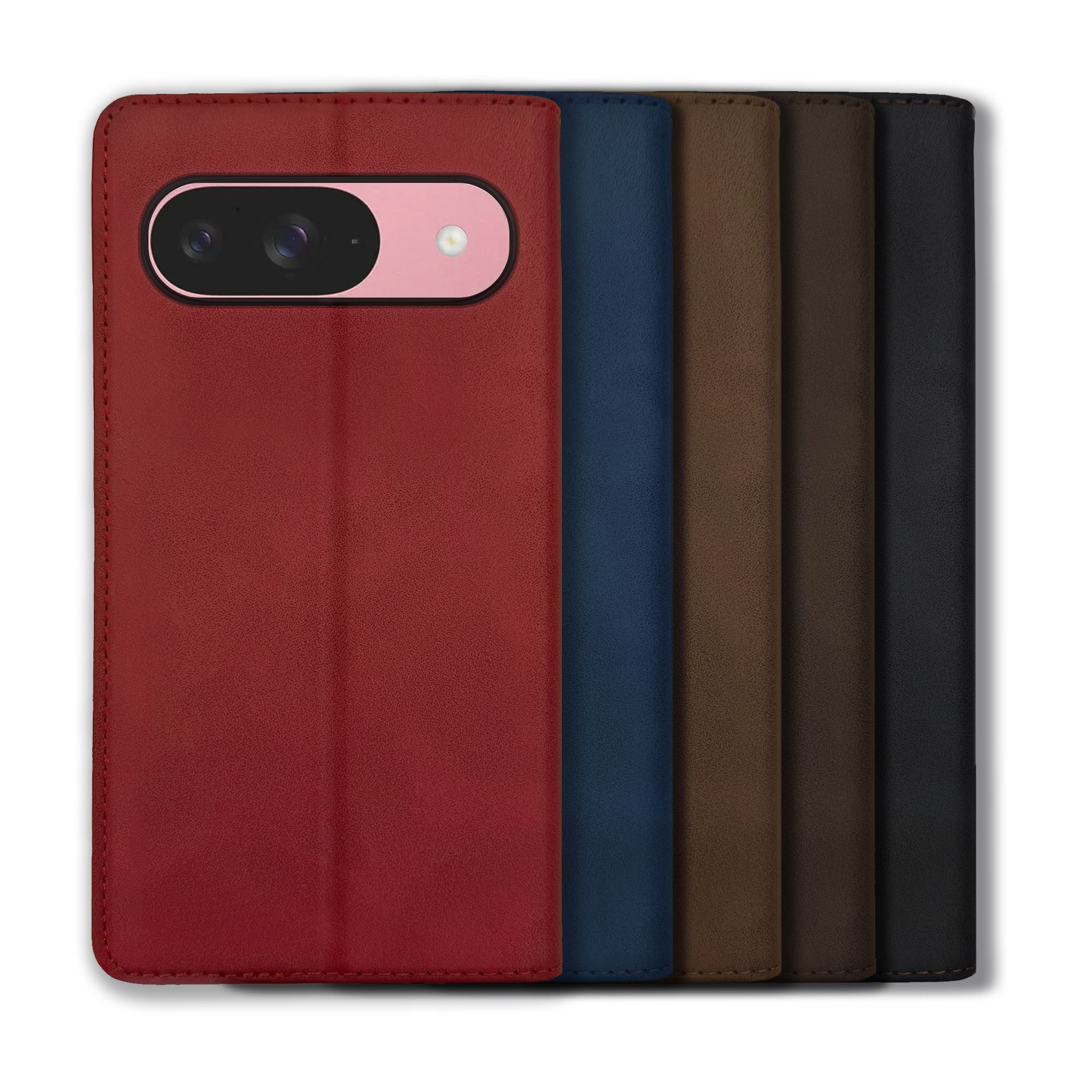Eine Handyhülle in verschiedenen Farben, mit einem Telefon darin, das die Kamera und den Bildschirm zeigt.